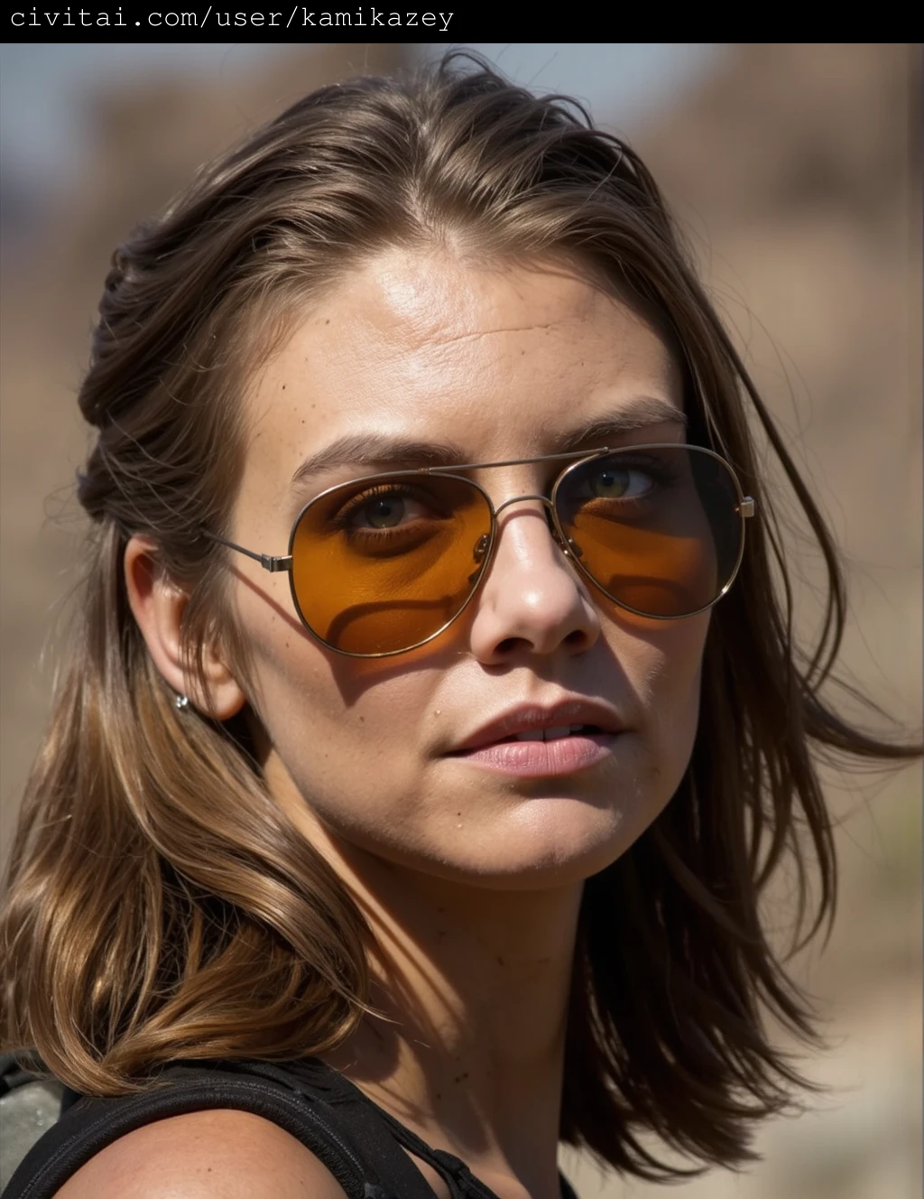 This is a high-resolution photograph of lauren_cohan with fair skin and long, straight brown hair that appears slightly tousled, possibly by the wind. She has large, expressive green eyes, and her lips are slightly parted, giving a neutral, almost contemplative expression. She is wearing thin, round, orange-tinted aviator sunglasses with a metallic rim, which frame her eyes and add a vintage, rebellious vibe to her look. Her outfit includes a black top that is partially visible, and her skin texture is smooth and flawless. The background is out of focus, but it appears to be an arid, rocky landscape with shades of brown and gray, indicating a desert or a dry, rugged terrain. The lighting is natural, likely from the sun, casting soft shadows and highlighting the texture of her hair and the fine lines around her eyes. The overall mood of the photograph is moody and introspective, with a strong emphasis on the subject's face and the texture of her hair, which contrasts with the blurred background.