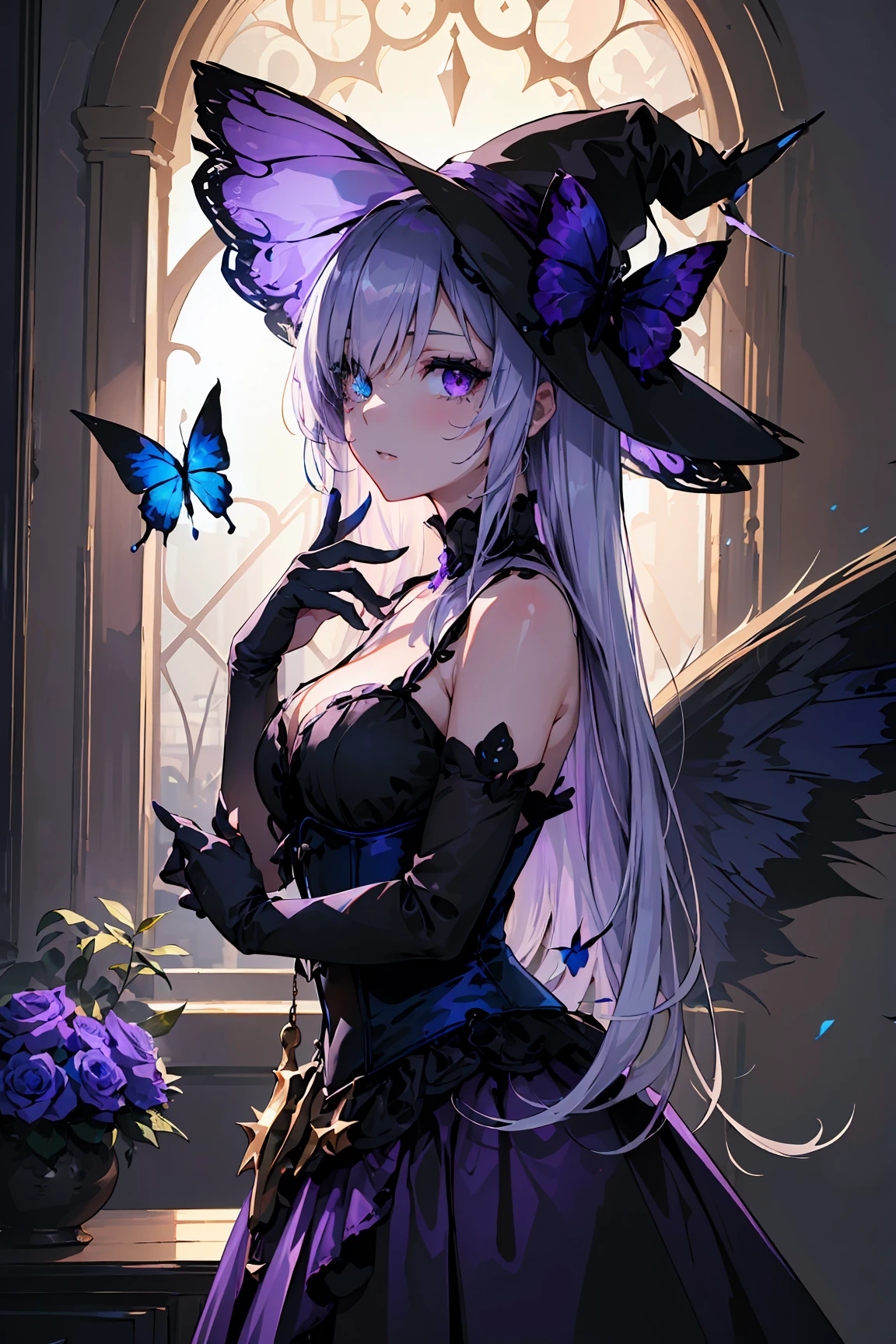 masterpiece, best_quality, absurdres, hdr, 8k, intricate_details, ((Purple blue theme):1.3), (Stunning illustration of a girl.:1.5),long_hair, (headwear:0.9), masterpiece. anime. bewitching color, depth of field, soft lighting, sharp focus. The scene is a dark, gothic setting with a mysterious young woman at its center. She has long, platinum-blonde hair, black lace accessories, and a steampunk eyepiece. Her expression is calm yet eerie. She wears an ornate black dress with roses, lace, and corset elements, merging into dark, angular shapes resembling twisted metal and thorns. Black butterflies surround her, symbolizing death or transformation, surrounded by shadows and decaying wings. The background features a dimly lit gothic structure with skulls, dark crosses, and fragmented puzzle pieces, (left_eye_purple,right_eye_blue:1.5), creating a surreal and disturbing atmosphere. black_gloves, The lighting is soft and cold, with a color scheme of black, deep purples, metallic blues, and occasional blue and purple highlights, (one_hand_on_own_chin,from_side:1.2)