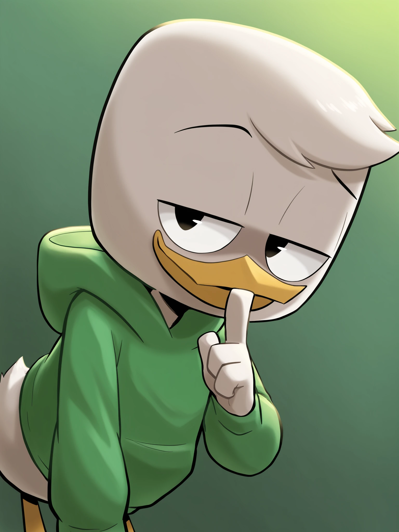 (masterpiece, best quality, very aesthetic, absurdres, artist:sakura, green background, shaded, backlighting, shadow, shaded face,) 1boy, male, solo, young, louie duck, beak, smile, looking at viewer, black eyes, dutch angle, half-closed eyes, smug, show accurate, upper body, green hoodie white skin, white body, shushing, finger to mouth, leaning forward, <lora:Sakura_Style:1>