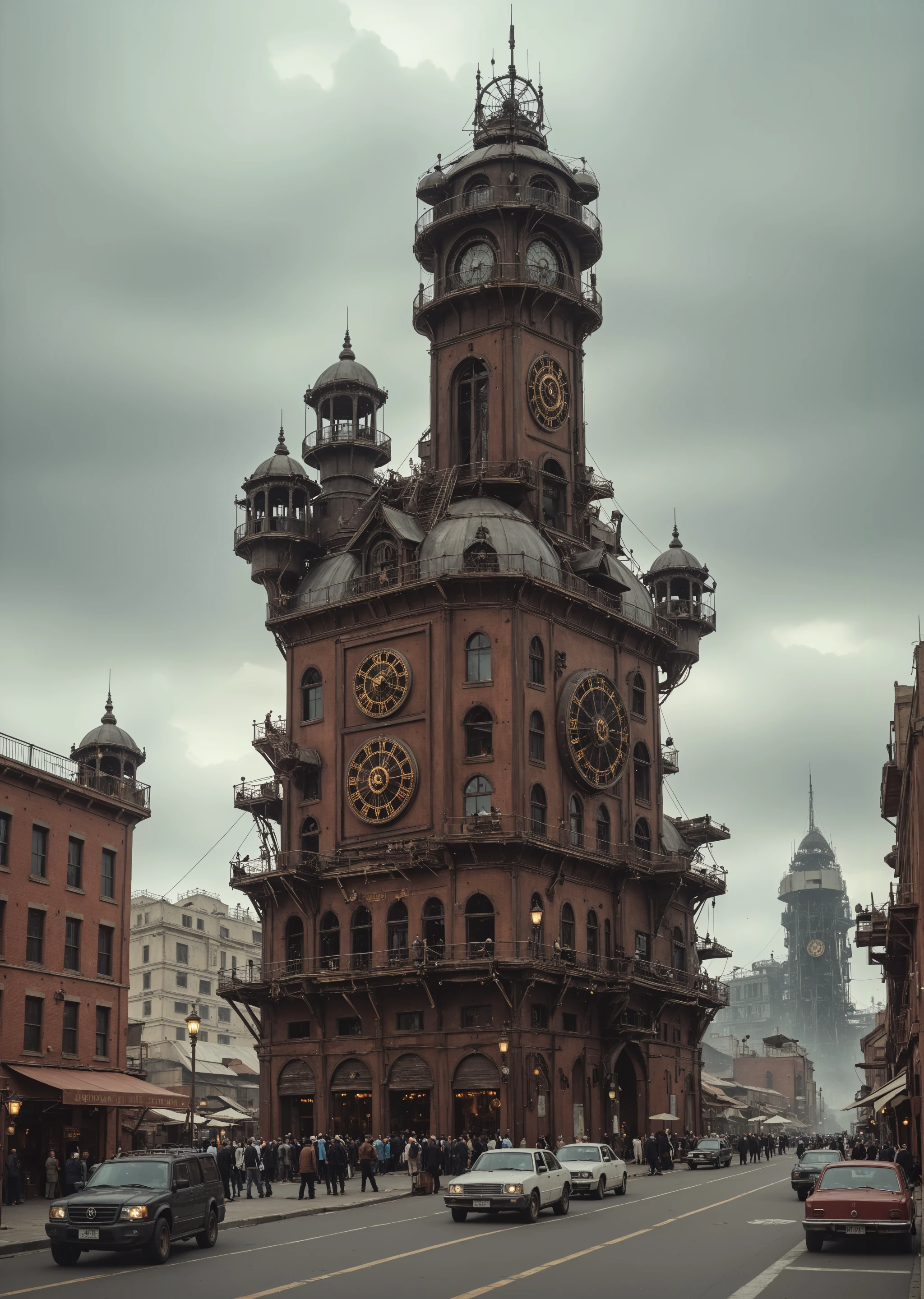 depicting a sprawling, fantastical cityscape with a steampunk aesthetic. The layout is a wide panoramic view showcasing a dense array of intricately designed buildings with pointed spires, domes, and elaborate architectural details. The structures are predominantly dark with hints of blue and bronze, creating a moody atmosphere. In the sky, several airships float among the clouds, adding to the steampunk theme. The city is bathed in a soft, diffused light, suggesting either dawn or dusk, with a warm glow emanating from windows and streetlights. Smoke rises from chimneys, contributing to the industrial feel. The foreground features a large, ornate dome with intricate patterns, while the background reveals a vast city stretching into the distance, with towering buildings silhouetted against the sky. The overall scene is rich in detail, evoking a sense of wonder and adventure.<lora:lora\Add_more_details_V2_XLpony.safetensors:1.0:1.0><lora:lora\sdxl_enhance.safetensors:1.0:1.0>