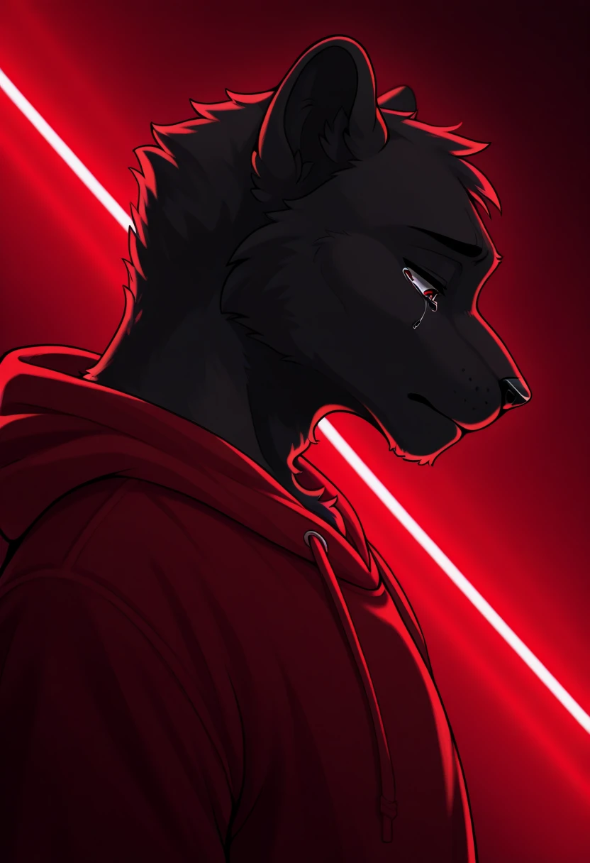 <lora:Lines_Light_Background_Illustration:1.0>, male, anthro, furry, panther, black fur, black body fur, red hoodie,  lines_light_background, gradient black to red background, white neon line background,  dark, sad, look down, side view, tear