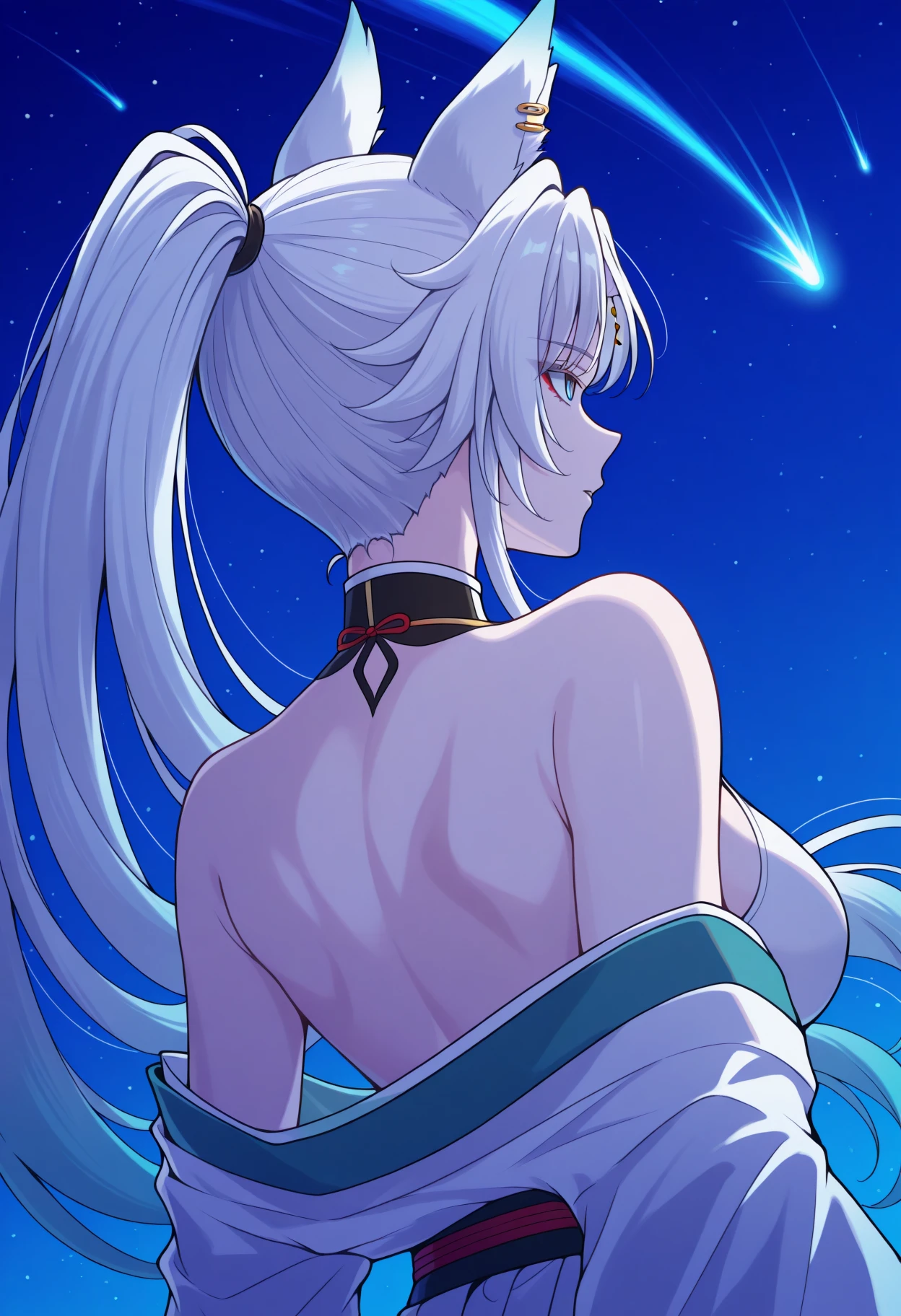 masterpiece, best quality, 1girl, solo, Fe1x10, animal ears, long hair, ponytail, multicolored hair, white hair, red eyeliner, ringed eyes, forehead mark, ear piercing, from behind, from side, looking up, looking to the side, negative space, white kimono, off shoulder, back, from below, dynamic angle, dutch angle, comet, light trail, blue theme, dark theme, night, high contrast, shining comet, glowing comet, <lora:ChamFeixiaoIllustriousXL:1>