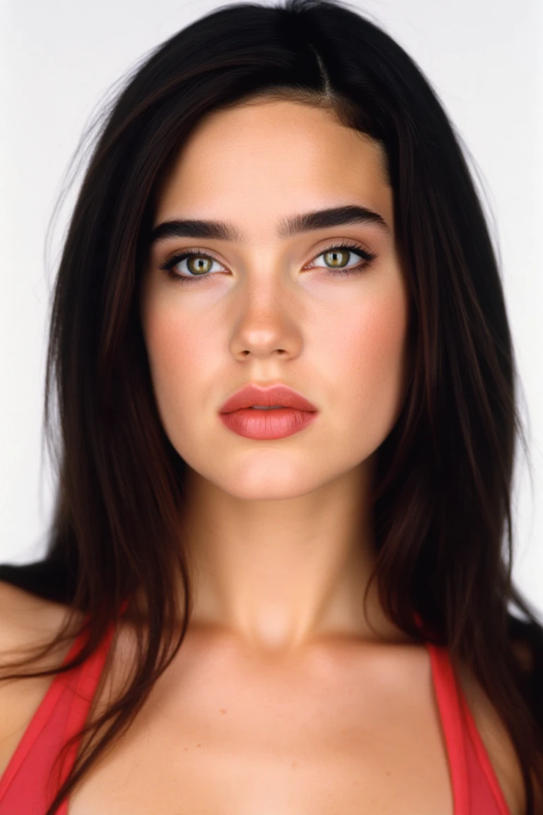 close up face portrait of jencflx, a brunette woman in martincstyle look, plain white studio backdrop, framed centered