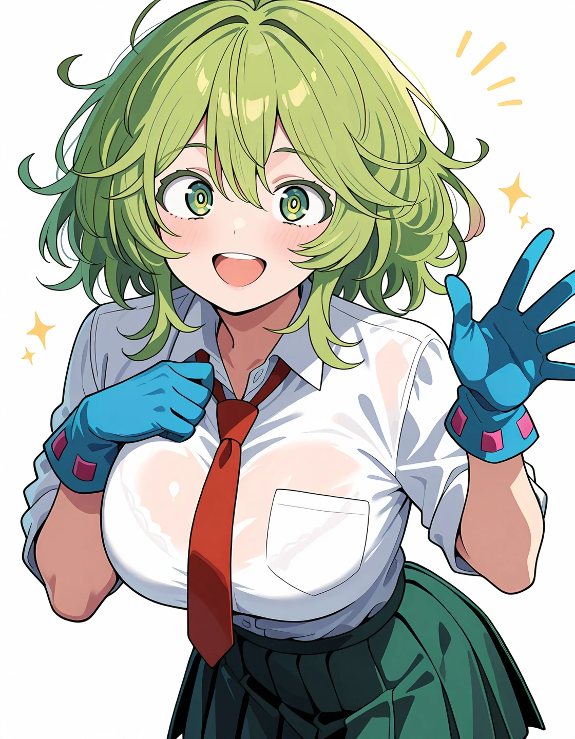 masterpiece, best quality, very aesthetic, highres, absurdres,1girl, <lora:tooru-illust:1>, tooru, anime, drawing, digital art, green hair, short hair, curly hair, green eyes, anime girl, school uniform, white shirt, red tie, green skirt, pleated skirt, blue gloves, open mouth, smiling, standing, white background, simple background, anime style, anime character
