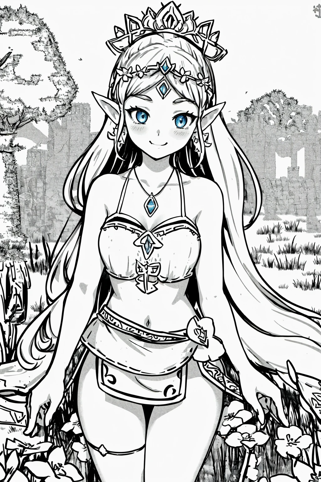 (((monochrome))), masterpiece, ultra-detailed, best quality, illustration, 8k cg wallpaper, an extremely delicate and beautiful, 1girl, Princess Zelda /(The Legend of Zelda/), solo, perfect anatomy, cute face, smiling, blushing, shining eyes, deep blue eyes, beautiful detailed eyes, blonde hair, long hair, sidelocks, cute circlet, cute earrings, cute necklace, perfect arms, perfect legs, cute, pretty, beautiful, sexy, perfect body, (background: flowery field, grass, trees, flowers, ruins, intricately detailed items in background), <lora:tCA:1>