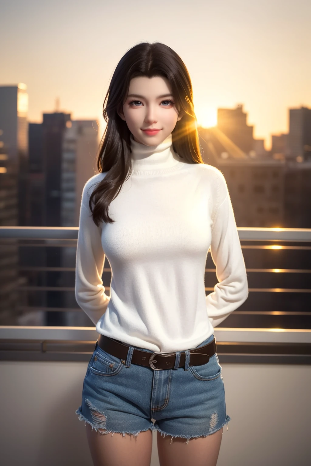 (cowboy shot),1girl,solo,closed mouth,light smile,(white turtleneck sweater:1.3),arms behind back,(looking at viewer),outdoors,cityscape,modern building,backlighting,sunlight,sunset,depth of field,Highly detailed,(best quality:1.5,masterpiece:1.5),<lora:xiaoxuner:0.85>,xuner,