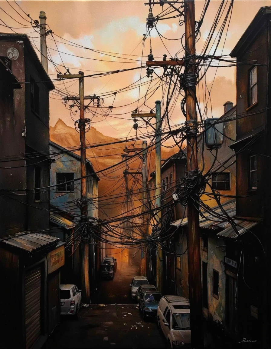 A photograph depicting an urban landscape at dusk. The artwork is characterized by a moody, industrial atmosphere, with a color palette dominated by various shades of brown, black, and muted orange. The scene is filled with an intricate network of electrical wires and poles, which crisscross the entire composition, creating a chaotic, tangled web. These wires are depicted in various states of wear and tear, with some sagging and others standing upright, adding to the sense of disrepair. chiaroscuro <lora:Dark_side_of_light:0.55>