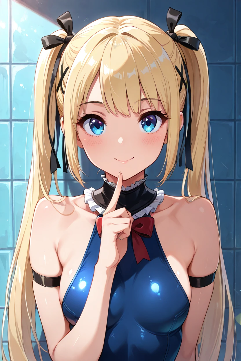 masterpiece, best quality, solo, curvy, beautiful eyes, <lora:MarieRoseIXL_v2:1.0>, zzMarie, blue eyes, blonde hair, hair ornament, hair ribbon, long hair, twintails, very long hair, x hair ornament,  one-piece swimsuit, blue one-piece swimsuit, black ribbon, frilled swimsuit, swimsuit, ribbon, frills, dead or alive, bare shoulders upper body, smile, looking at viewer, shiny skin,