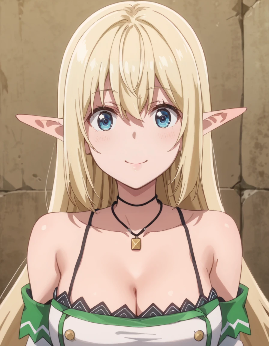 score_9, score_8_up, score_7_up, source_anime, high res image, masterpiece, best quality, BREAK
1girl, looking at viewer, solo, simple background, light smile,
upper body, front view, portrait,
aria (beheneko), elf, very long hair, blonde hair, pointy ears, hair between eyes, blue eyes,
necklace, collarbone, cleavage, crop top, bare shoulders, detached sleeves,
<lora:aria-beheneko_s1-anime-soralz:1>