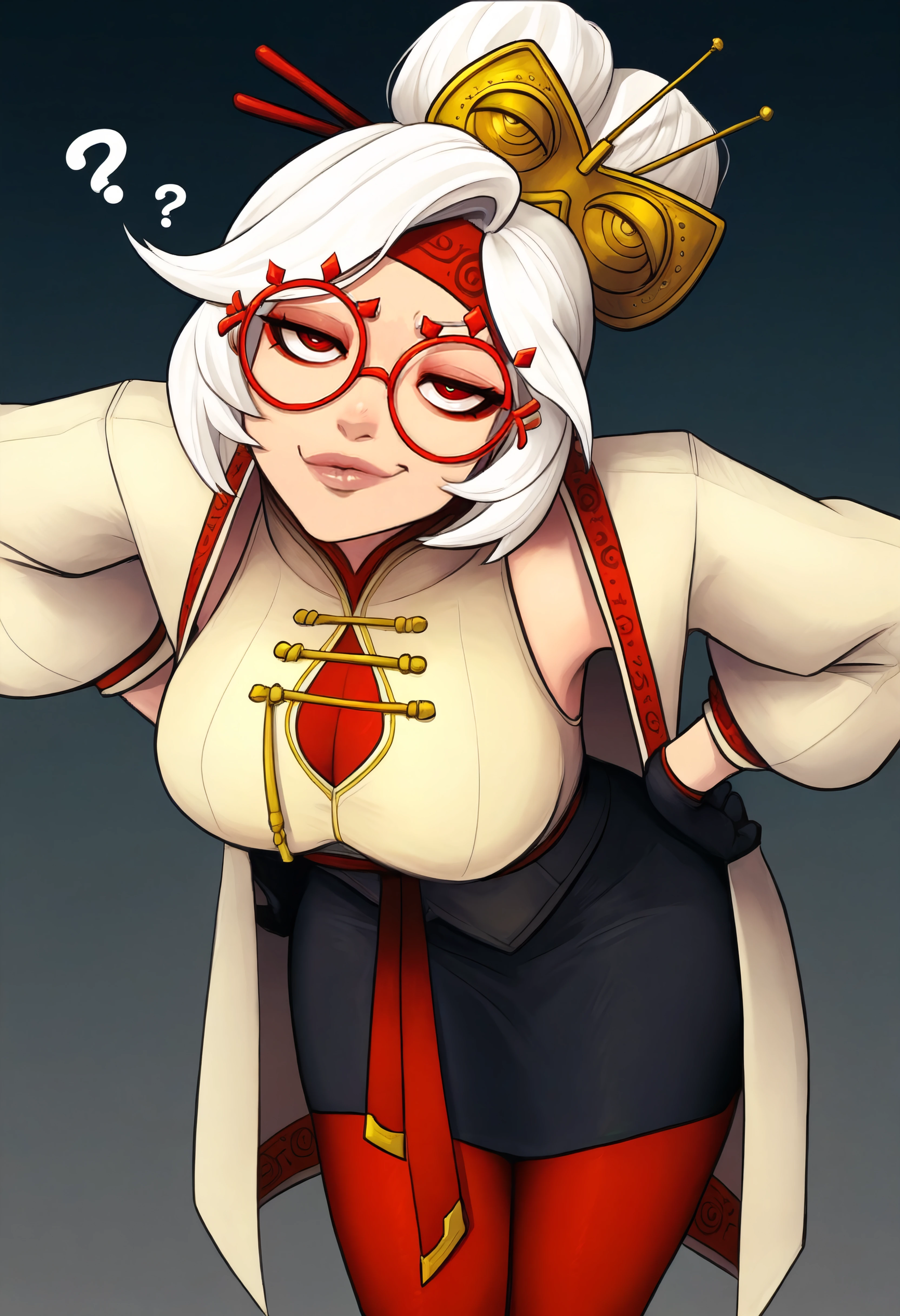 masterpiece, best quality, very aesthetic, 1girl, pur4h, white hair, red eyes, hair bun,gold hair ornament, red headband, red glasses, sleeveless shirt, beige shirt, beige jacket, red trim, open jacket, black skirt, red leggings, gloves, smug, lips,looking at viewer, medium breasts, head tilt, hands on hips,leaning forward, ? <lora:purah-illu-nvwls-v1:0.7> <lora:dhs_n11:1>