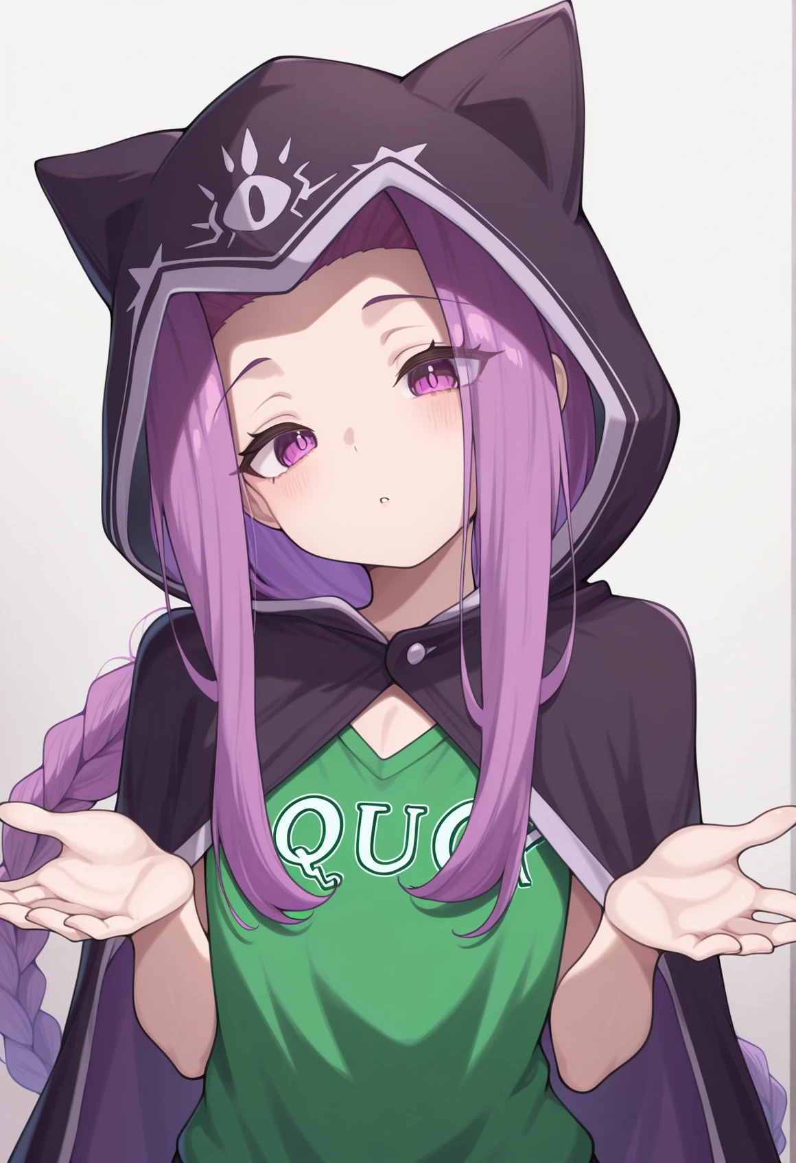 1girl, very long hair, purple hair, purple eyes, parted bangs, sidelocks, braid, quick shirt, shrugging, head tilt, green shirt, flat chest, cat hood, cloak  <lora:Medusa_lily_illus:1>, masterpiece, best quality, amazing quality, very aesthetic, absurdres, highres, newest