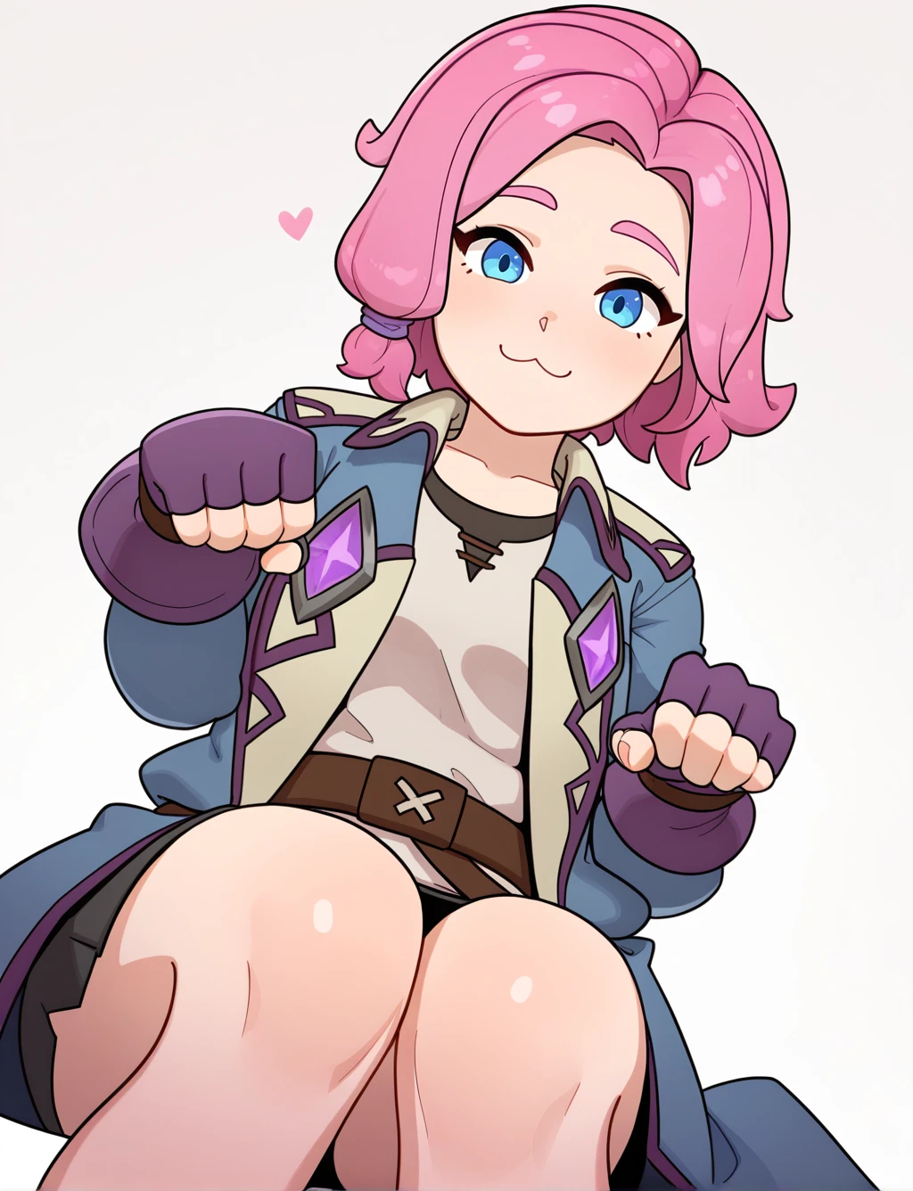 1 girl, solo, maeve_paladins, masterpiece, best quality, amazing quality, very aesthetic, absurdres, maeve outfit, gloves, coat, portait, :3, kawaii, paws pose, portairt, dutch angle, cinematic, BREAK, white background,  <lora:Maeve:0.7>,   <lora:MeMaXL4:1>