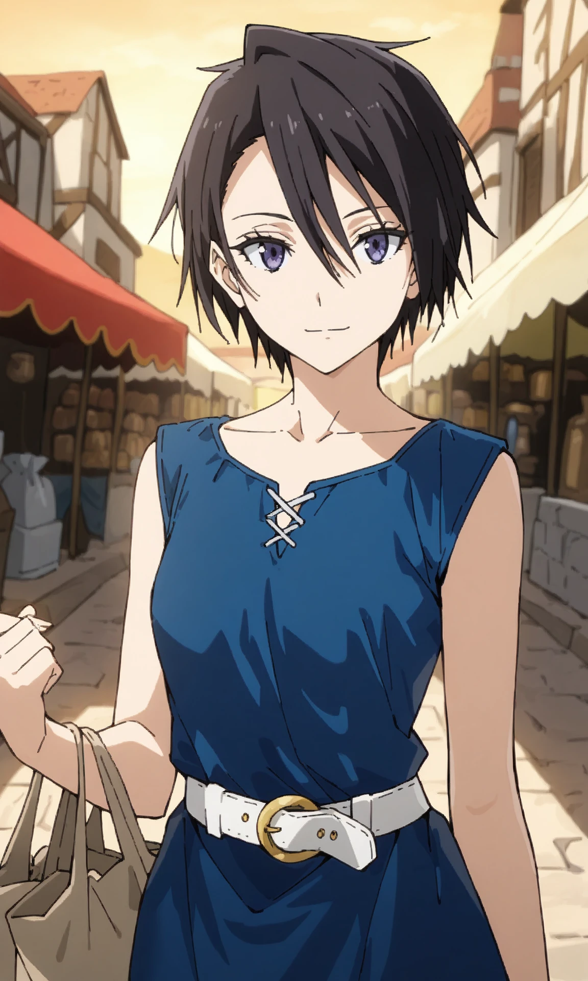 sakaguchi hinata, 1girl, solo, short hair, black hair, hair between eyes, looking at viewer, hinatadressone, collarbone, blue dress, light smile, sleeveless dress, white belt, street, market, evening, holding bag, shopping, medieval, cowboy shot, (masterpiece, best quality, very awa:1.2), recent, year 2024