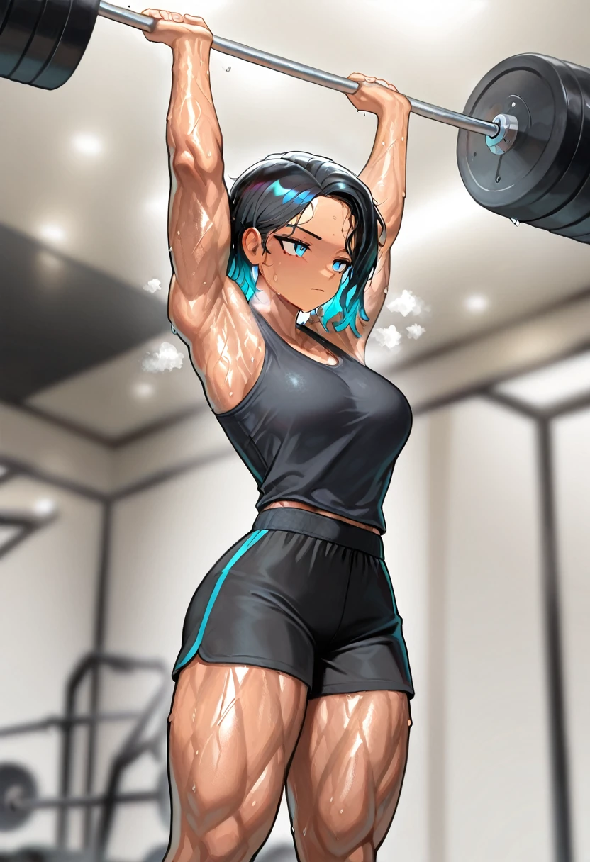 1girl, 
muscular, muscular female, 
shorts, tank top, 
exercising, 
sweat, sweatdrop, heavy breathing, wet, wet hair, 
barbell over head, arms up, 
indoors, gym, 
colorful, shiny skin, 
masterpiece, best quality, amazing quality, very aesthetic, absurdres, newest, scenery, (volumetric lighting:1.1), depth of field <lora:Barbell_Over_Head:1>