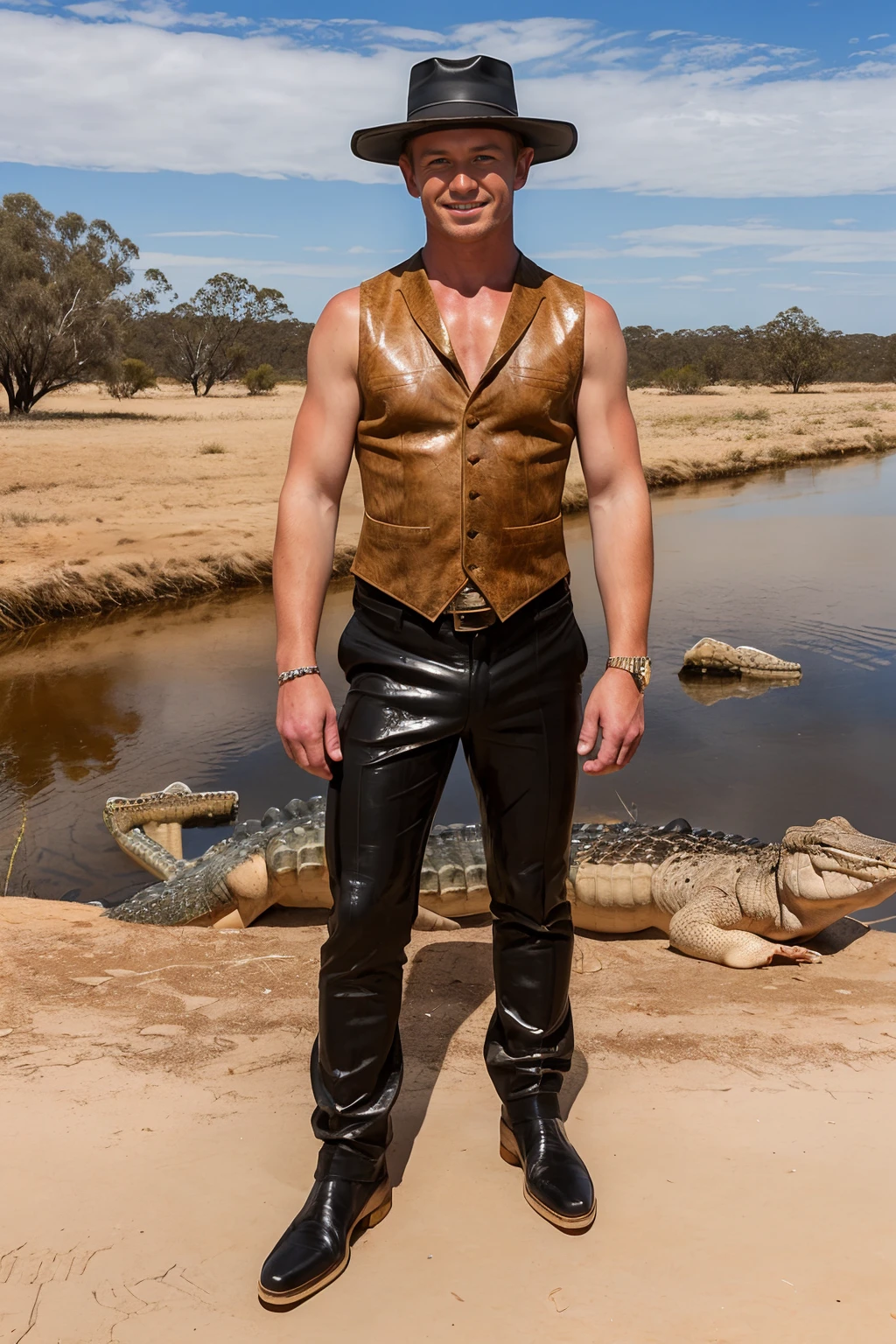 Australian Outback, bank of a river, smiling, JoshLavery is dressed as young (Paul Hogan) from the movie (Crocodile Dundee), light brown hair, ((crocodile skin vest)), (closed vest), ((shirtless)), (sleeveless:1.4), brown leather pants, (black hat:1.4), (((full body portrait))), wide angle  <lora:JoshLavery:0.8>