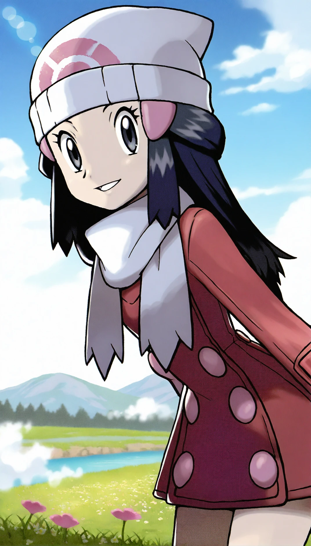 masterpiece,best quality,amazing quality,
<lora:hikaridawnIL:1>,hikaridawn,
1girl,solo,navy blue hair,long hair,
dark blue eyes,looking at viewer,smile,parted lips,
white beanie,pink hair clips,red overcoat,white scarf,
portrait,leaning forward,
blurry background,depth of field,soft lighting,light particles,lens flare,fog,
blue sky,cloud,grass,flower,white fence,distant hills,water,after rain,