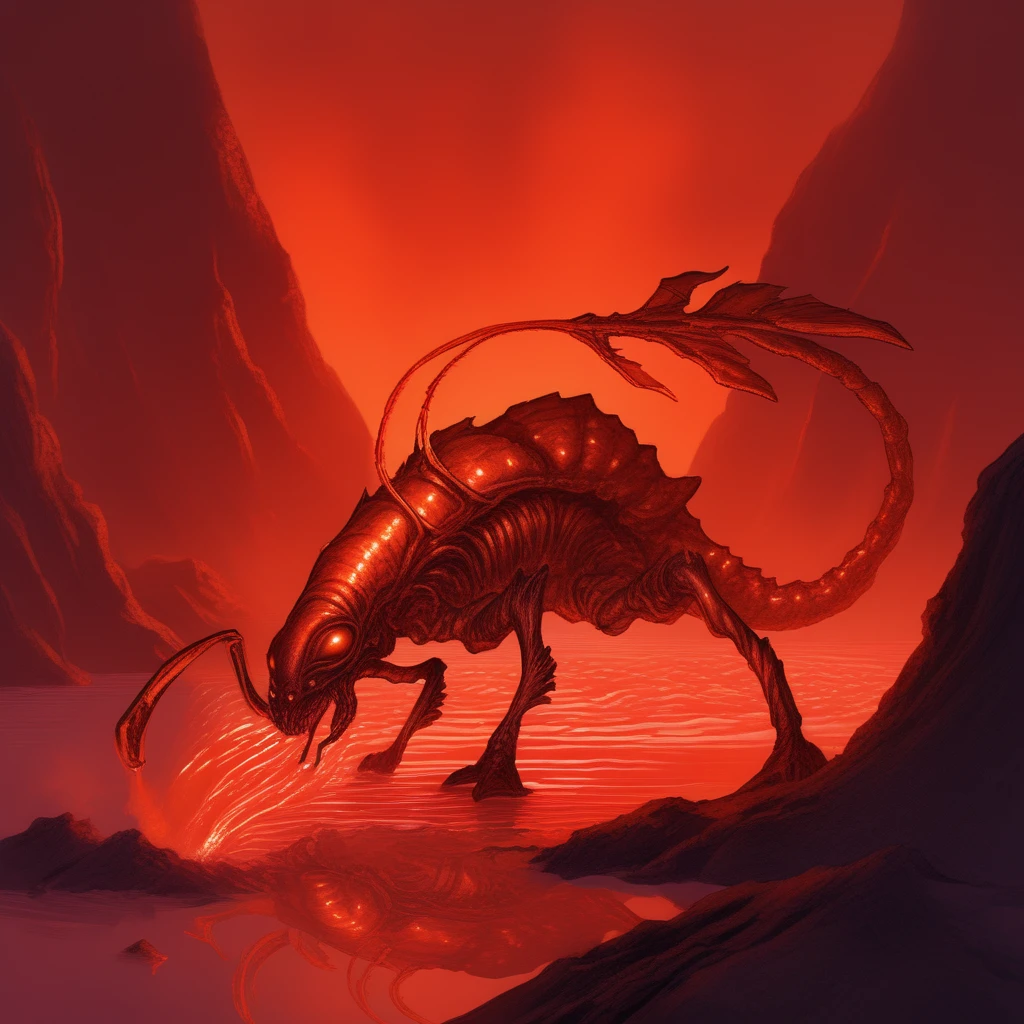 Alien-themed rust monster,rust monster, drinking from a pool of molten metal, fiery cavern, glowing lava streams, heat distortion in the air, wide shot, intense orange and red lighting, otherworldly setting, detailed creature design  <lora:Rust monster - sdxl1.0:1> . Extraterrestrial, cosmic, otherworldly, mysterious, sci-fi, highly detailed