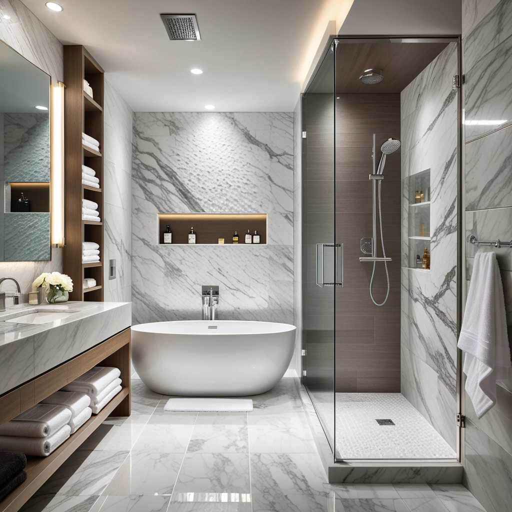 A luxurious glass shower in the interior of a 5-star hotel bathroom. The shower is spacious with floor-to-ceiling glass panels framed in polished chrome. The walls are covered in elegant white marble with subtle grey veining, giving a sophisticated and clean aesthetic. The floor inside the shower features small mosaic tiles in shades of white and silver, adding texture and refinement.
A rainfall showerhead is mounted on the ceiling, crafted from brushed stainless steel, along with a sleek handheld shower on the side wall. Built-in recessed shelving holds neatly arranged high-end toiletries and folded white towels. Soft warm lighting emanates from concealed LED strips, highlighting the reflective surfaces and creating an inviting ambiance.
The shower door is slightly ajar, revealing a fluffy white bathrobe hanging on a nearby hook. Beyond the glass shower, the rest of the bathroom features large-format marble tiles and a floating vanity with a quartz countertop. The atmosphere is serene, modern, and opulent, evoking a sense of calm and indulgence.
<lora:SDXLFaeTastic2400:0.4> <lora:extremely_detailed:0.4> extremely detailed, Masterpiece,best quality,hi res,8k,hi res,8k,award winning,(sharp focus, intricate, highly detailed),