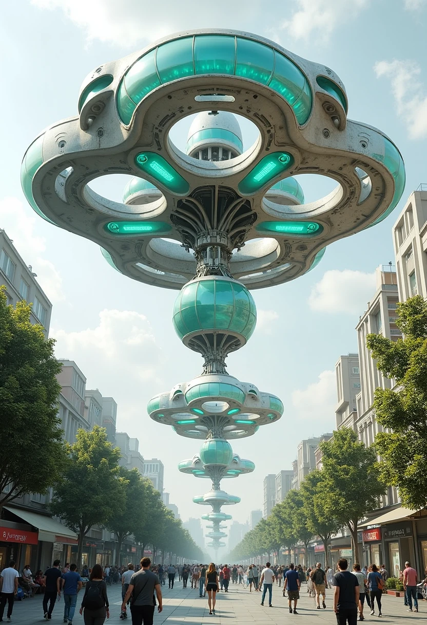 YFG-Rounded A disc-shaped drone swarm assembling above a crowded plaza, each drone's ring rotor shining teal, scanning for environmental data.