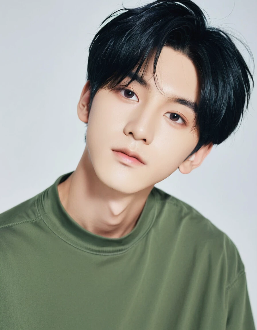 1boy, young man black hair putting hair, male k-pop idol, lovingly looking camera, levi ackerman, medium portrait soft light, chop, beautiful model, oval face, vivid