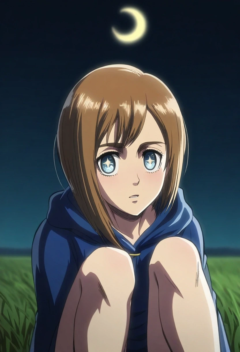 masterpiece, best quality, , intricate details, looking at viewer, depth of field, 1boy, male focus, amethyst eyes, medium brown hair, asymmetrical hair, geek costume, solo, rule of thirds, grass, night, crescent moon, knees up, sparkling eyes, <lora:shingeki_no_kyojin_style_ilxl:1.04>, shingeki_no_kyojin_style,