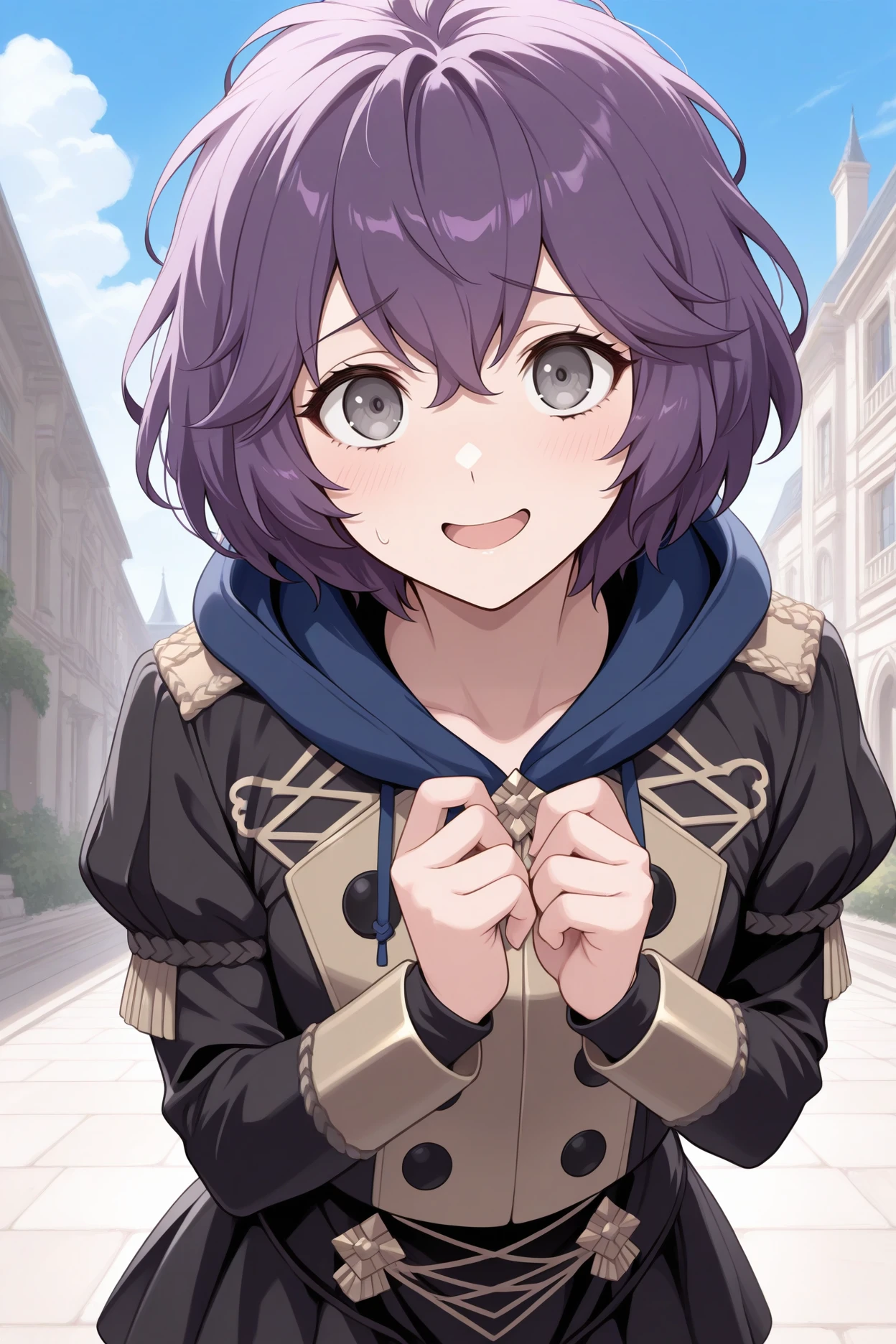 masterpiece, best quality, 1girl, solo <lora:febernadetta-illu-nvwls-v1-000006:1> dfbndta, purple hair, messy hair, hair between eyes, grey eyes, black jacket, hood down, blue hood, black buttons, black skirt, shorts under skirt, upper body, looking at viewer, smile, nervous, open mouth, blue sky, victorian architecture