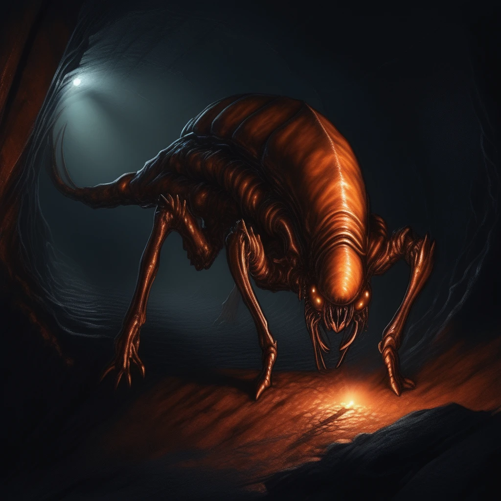 Alien-themed rust monster, prowling through an underground mine, glowing veins of metal in the walls, narrow passageways, low-angle shot, dim torchlight, ominous shadows, claustrophobic atmosphere, photorealistic detail <lora:Rust monster - sdxl1.0:1> . Extraterrestrial, cosmic, otherworldly, mysterious, sci-fi, highly detailed