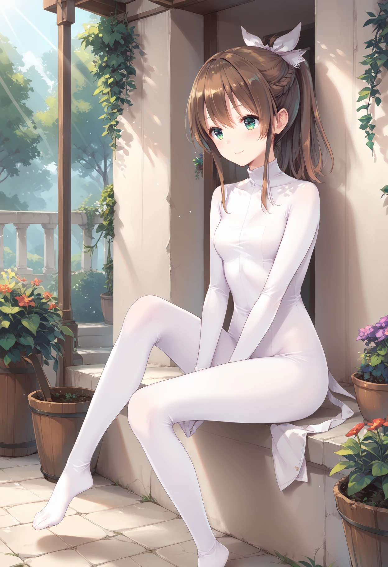 score_9, score_8_up, score_7_up, score_6_up, score_5_up, score_4_up,source_anime ,
bodystocking,white bodysuit,cowboy shot, 
 misaki,1girl,ponytail,hair ribbon,brown hair,green eyes,
light smile, outdoors,garden,sunlight,
sitting,knee up,no shoes,<lora:bodystocking2XLPony:1>,<lora:MisakiXLPony:0.8>