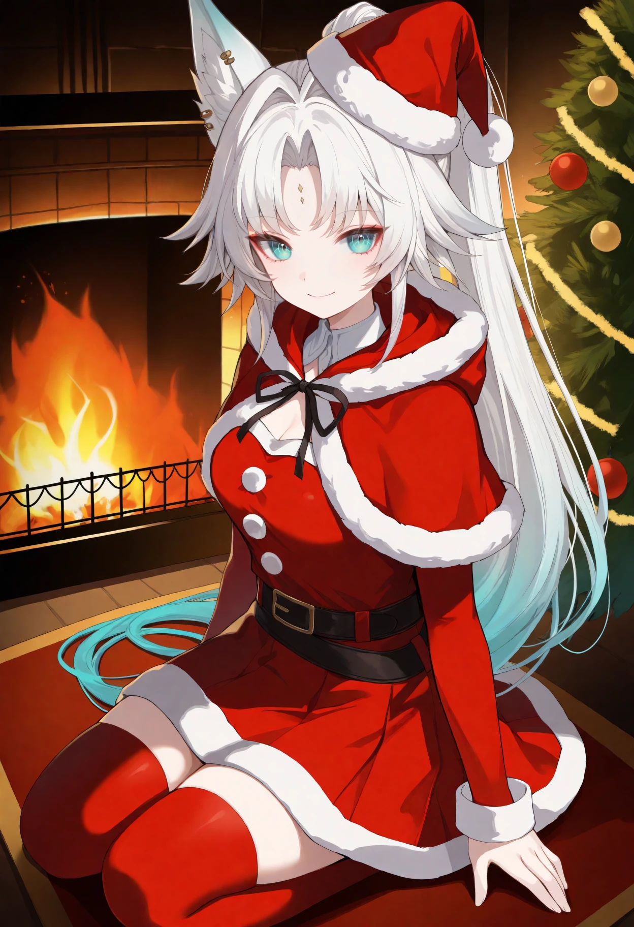 masterpiece, best quality, 1girl, solo, Fe1x10, animal ears, long hair, ponytail, multicolored hair, white hair, red eyeliner, ringed eyes, forehead mark, ear piercing, indoors, seiza, smile, fireplace, santa hat, santa costume, red capelet, fur trim, red skirt, red thighhighs, socks, looking at viewer, christmas tree, <lora:ChamFeixiaoIllustriousXL:1>