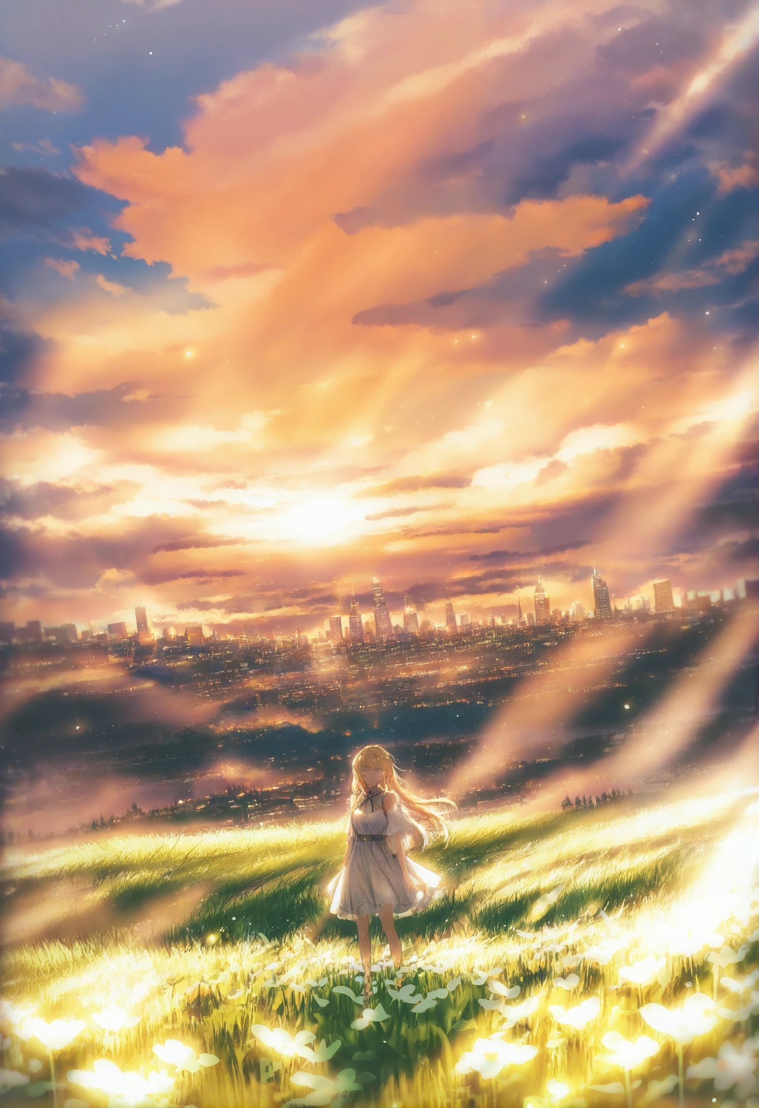 scenery, 1girl, sky, solo, outdoors, cloud, fantasy, dress, standing, light particles, sunset, colorful, grass, city, cloudy sky, cityscape, field 
,best quality,very aesthetic,absurdres
 <lora:æè±lokr_for_illustrious-000145:0.95>