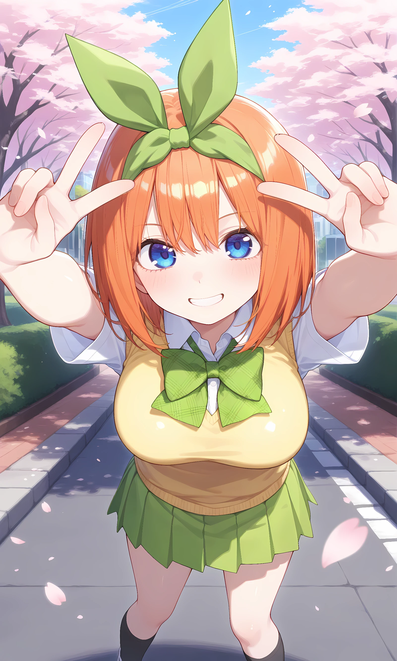 score_9, score_8_up, score_7_up, source_anime, 1girl, solo, outdoors, street, cherry blossoms, cowboy shot, looking at viewer, shiny skin, close-up, nakano yotsuba, orange_hair, green_ribbon, hair_ribbon, hair_between_eyes, blue_eyes, medium_hair, collared_shirt, green_bow, bowtie, short_sleeves, yellow_sweater_vest, green skirt, pleated skirt, black socks, white shoes, outstretched arms, double v, grin