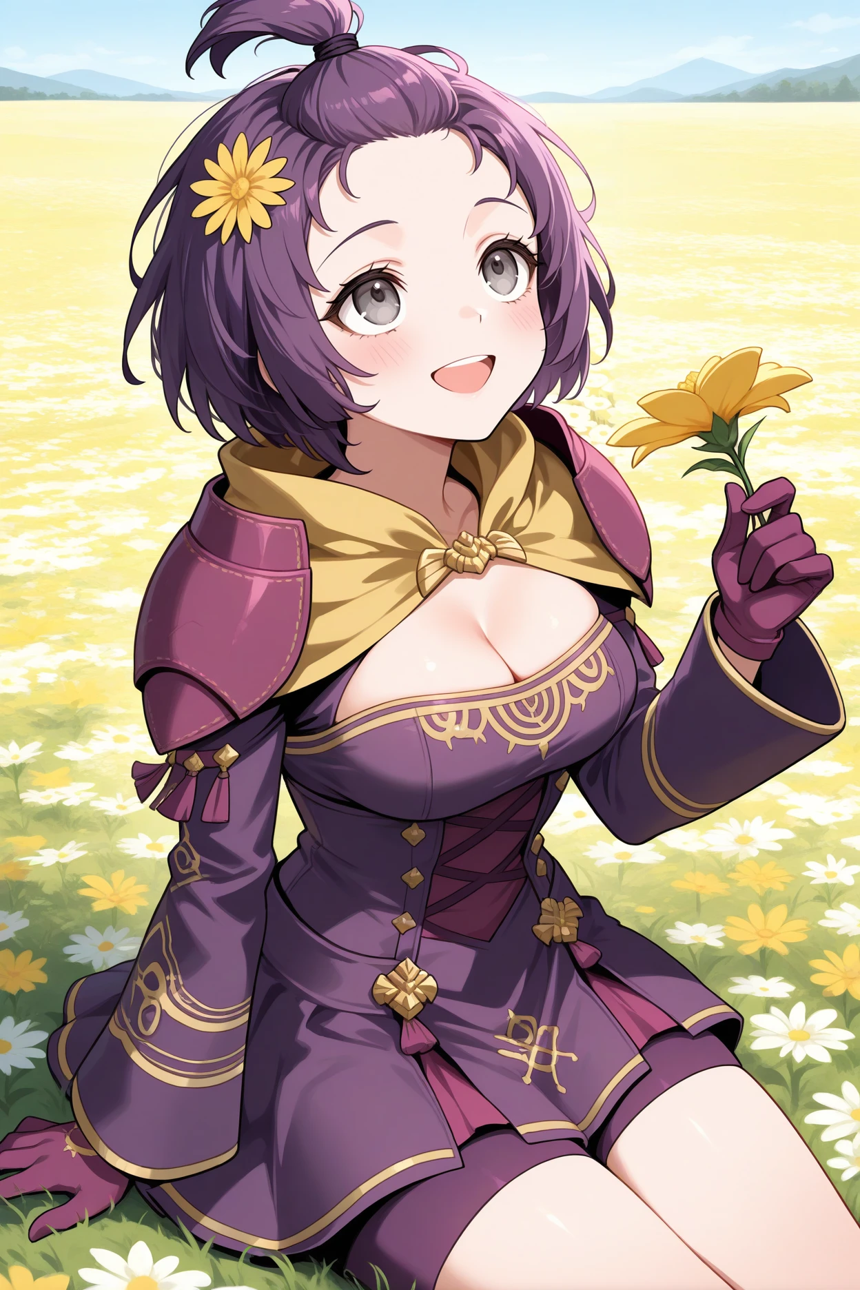 masterpiece, best quality, 1girl, solo <lora:febernadetta-illu-nvwls-v1-000006:1> 3hopesbndta, purple hair, forehead, topknot, short hair, grey eyes, shoulder pads, yellow capelet, cleavage, cross-laced dress, purple skirt, long sleeves, shorts under skirt, purple gloves, medium breasts, blush, smile, holding flower, sitting, yokozuwari, flower field, meadow, blue sky, looking up, happy, open mouth, hair flower, yellow flower