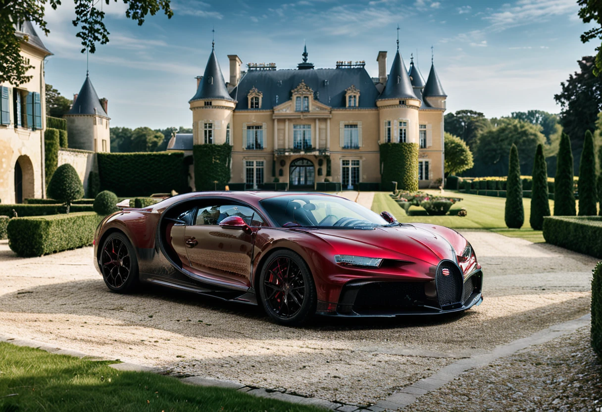 <lora:bugattich1r0n:1>,A ruby red, bugatti ch1r0n parked outdoors in front of a majestic French château. The car, with its glossy metallic blue exterior and sleek black accents, is perfectly positioned on a cobblestone driveway leading to the château. The château features classic French architecture with large arched windows, intricate stonework, and tall, elegant towers. The setting is bathed in soft golden sunlight, creating a warm and luxurious atmosphere. Surrounding the château are neatly trimmed gardens, fountains, and lush greenery, enhancing the sense of grandeur. The scene combines automotive excellence with historical elegance."
<lora:SDXLFaeTastic2400:0.4> <lora:extremely_detailed:0.4> extremely detailed, Masterpiece,best quality,hi res,8k,hi res,8k,award winning,(sharp focus, intricate, highly detailed),