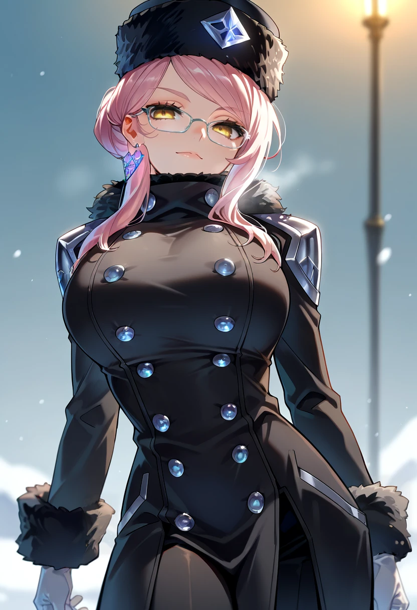 masterpiece, best quality, 1girl, solo, huge breasts, <lora:Koyanskaya-Initium-fullstackv1-000015:1>, fur trim, fur trim hat, double breasted, yellow eyes, sidelocks, glasses, hat ornament, fox earrings, white gloves,  black coat, cowboy shot, silver buttons, hair bun, long coat,