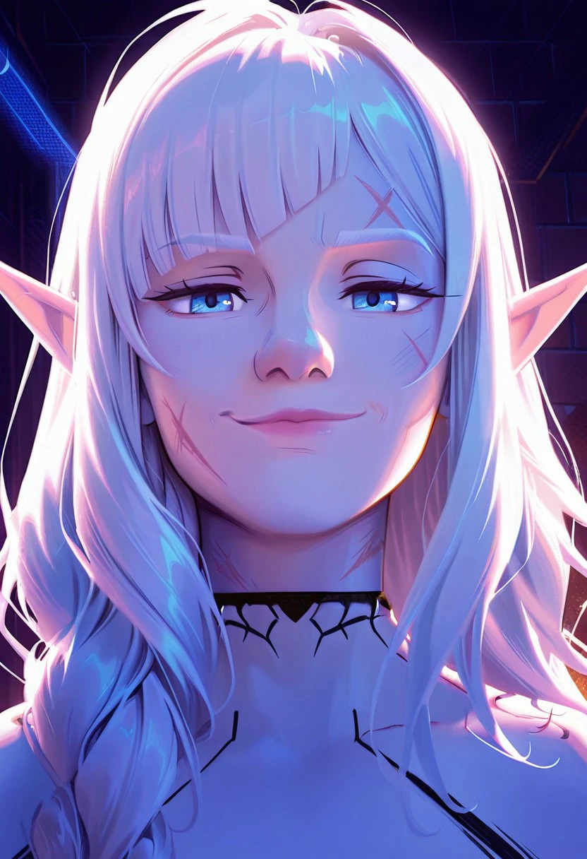 masterpiece, best quality, newest, absurdres, highres, SpiderversestyleIL-V1.0, 1girl, mature and imposing, 30 years old, portrait, beautiful, Elf shaman dramatic lights, white hair, (long hair:1.3), side bangs, barbarian, gladiator, war paint, white skin, white colored skin, albino, albino skin, muscular, athletic, scars, (smug:0.85), medium brests, blue eyes