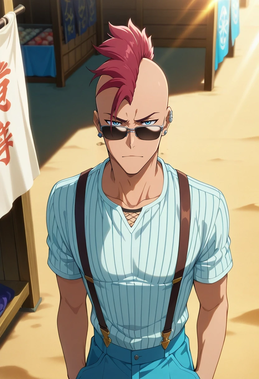 masterpiece, best quality, intricate details, anime screencap, anime coloring, , looking at viewer, , 1boy, solo, male focus, <lora:bazzard_black_ilxl:0.9>, bazzard_black, red hair, blue eyes, short hair, mohawk, earrings, , desert bazaar, sand streets, market stalls, cloth awnings, bargaining pose, animated expression, harsh sunlight, Pinstripe Woven joggers, Mesh jersey, , , Suspenders andSunglasses