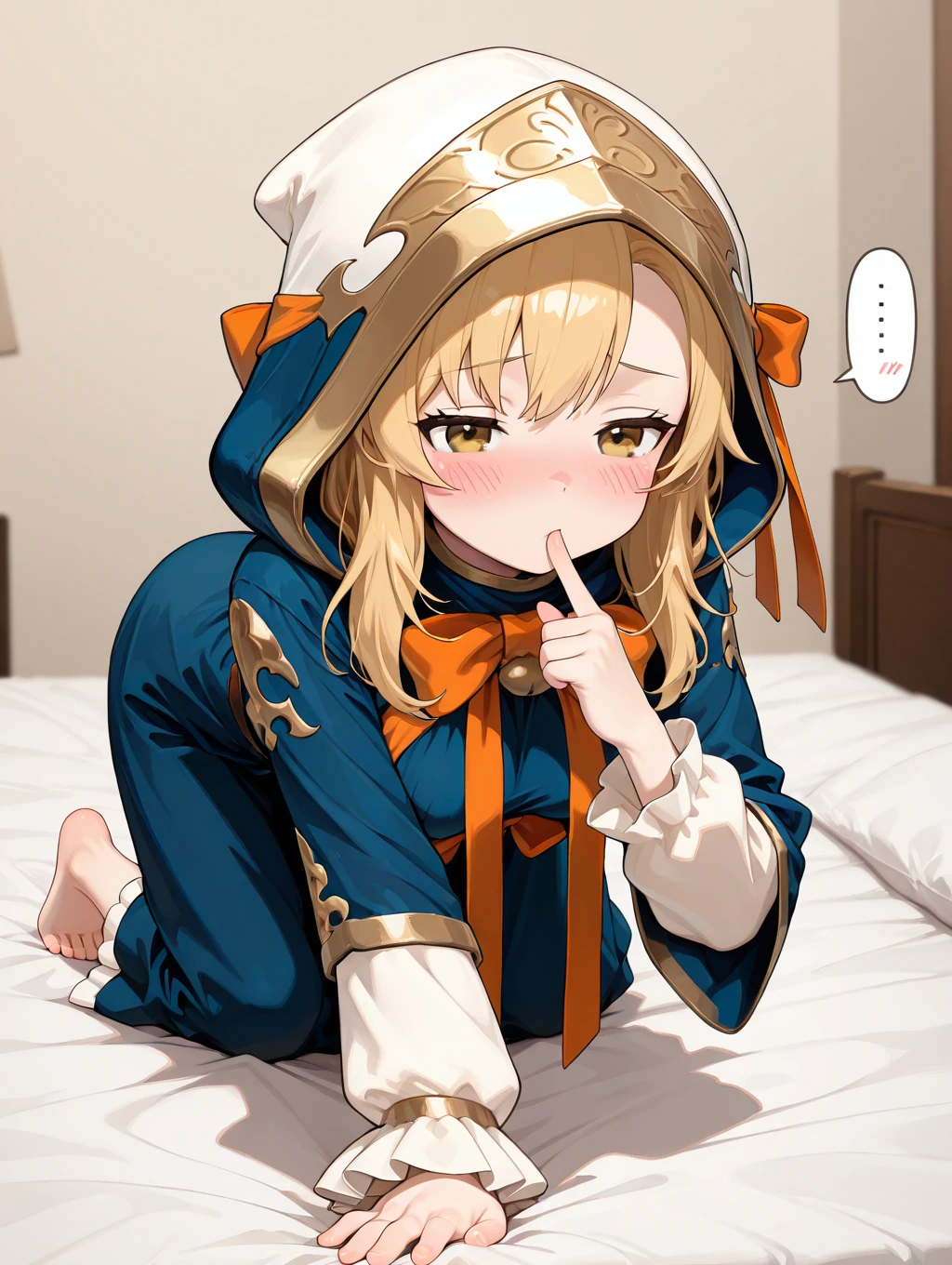 bari, 1girl, solo, long hair, blush, blonde hair, bed background, long sleeves, dress, full body, yellow eyes, barefoot, hood, dress, speech bubble, all fours, ..., finger to mouth

masterpiece, best quality,amazing quality, very aesthetic, absurdres, depth of field, blurry background, extremely detailed face, detailed eyes