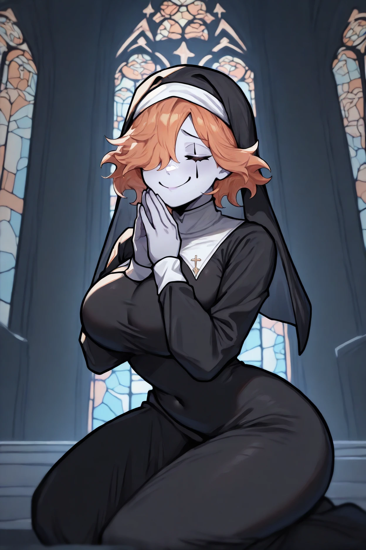 masterpiece, best quality, 1girl, solo,  newest, absurdres, highres <lora:fekronya-illu-nvwls-v1-000005:1> 3hkrnya, grey skin, orange hair, short hair, hair over one eye, facial mark, large breasts, nun habit, black dress, nun outfit, long sleeves, kneeling, closed eyes, smile, church, cathedral, stained glass, smug, own hands together