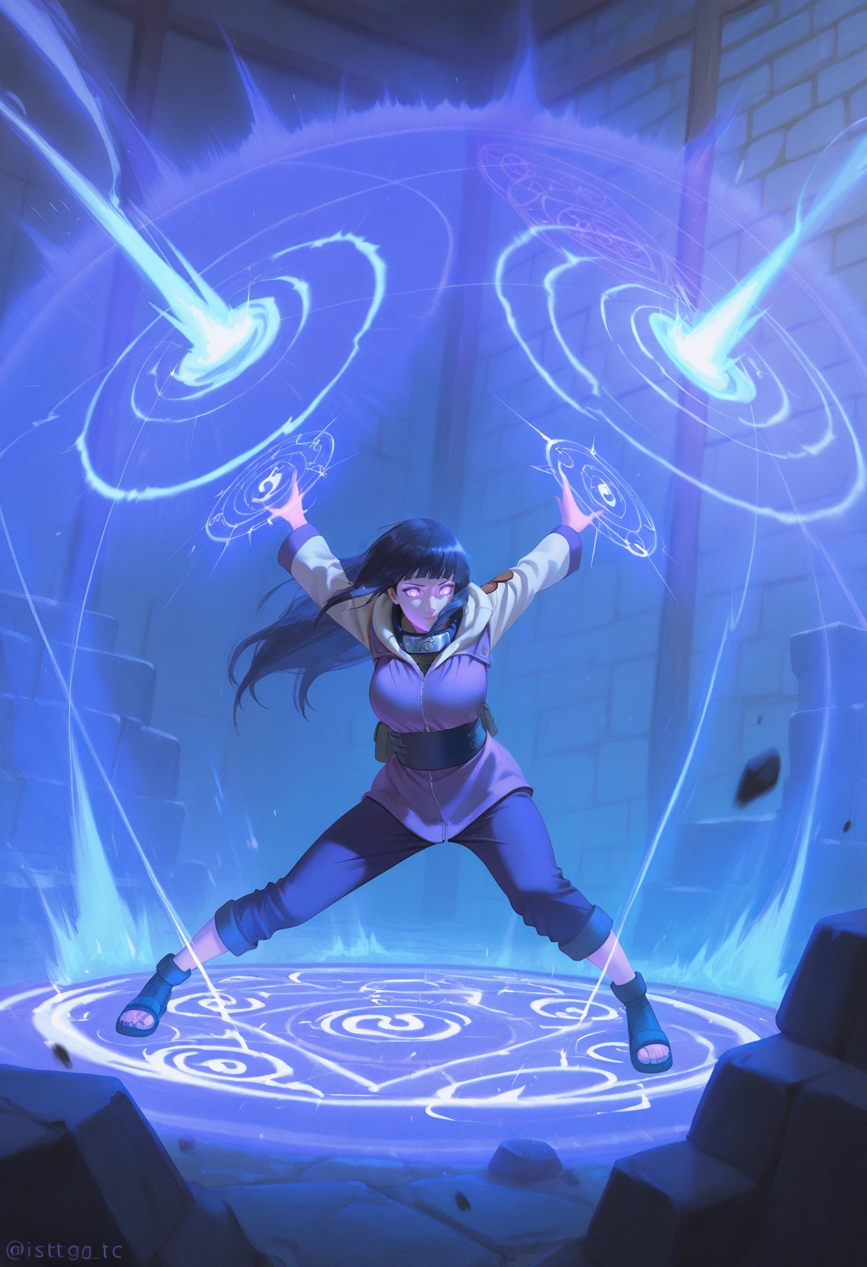 masterpiece, best quality, realisitc, 
 <lora:forcefield [IL]:0.9> forcefield, magic, magic circle, glowing, battle, light blue aura, 
hyuuga_hinata, naruto_(series), 1girl, solo, black_hair, purple_eyes, long black hair, purple jacket, long sleeve