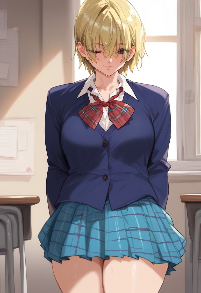 score_9, score_8_up, score_7_up, score_6_up, score_5_up, score_4_up, masterpiece, best quality, BREAK,
1girl, indoors, school, <lora:Nishino_Tsukasa_Ichigo_100_pony:1> tsukasa100, short hair, blonde hair female, school uniform, long sleeves, plaid skirt, <lora:Mikayori_Style:1>