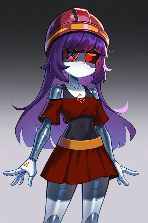 masterpiece, best quality, 2D, 1girl, solo, D0ll, Purple Hair, Red Eyes, Robot, Visor, red helmet, Red Crop Top, Black tank top, red skirt, button eye, eyepatch