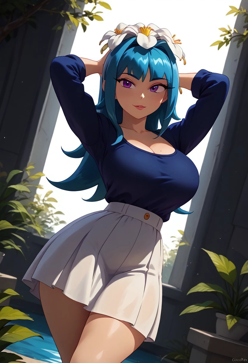 score_9, score_8_up, score_7_up, (best quality:1.1), ultra-detailed, high resolution, 8k, Galaxina the Seedrian, plant girl, cyan hair, purple eyes, flower on head, fauna, dark blue shirt, long white skirt, cute, solo, ((big breasts, voluptuous, thick thighs, skinny, petite, curvy, busty, high quality, masterpiece, wide hips)), (((dutch angle, sexy tease, sexy pose, stylish pose))) BREAK outside, Rich, Detailed background, ambient light