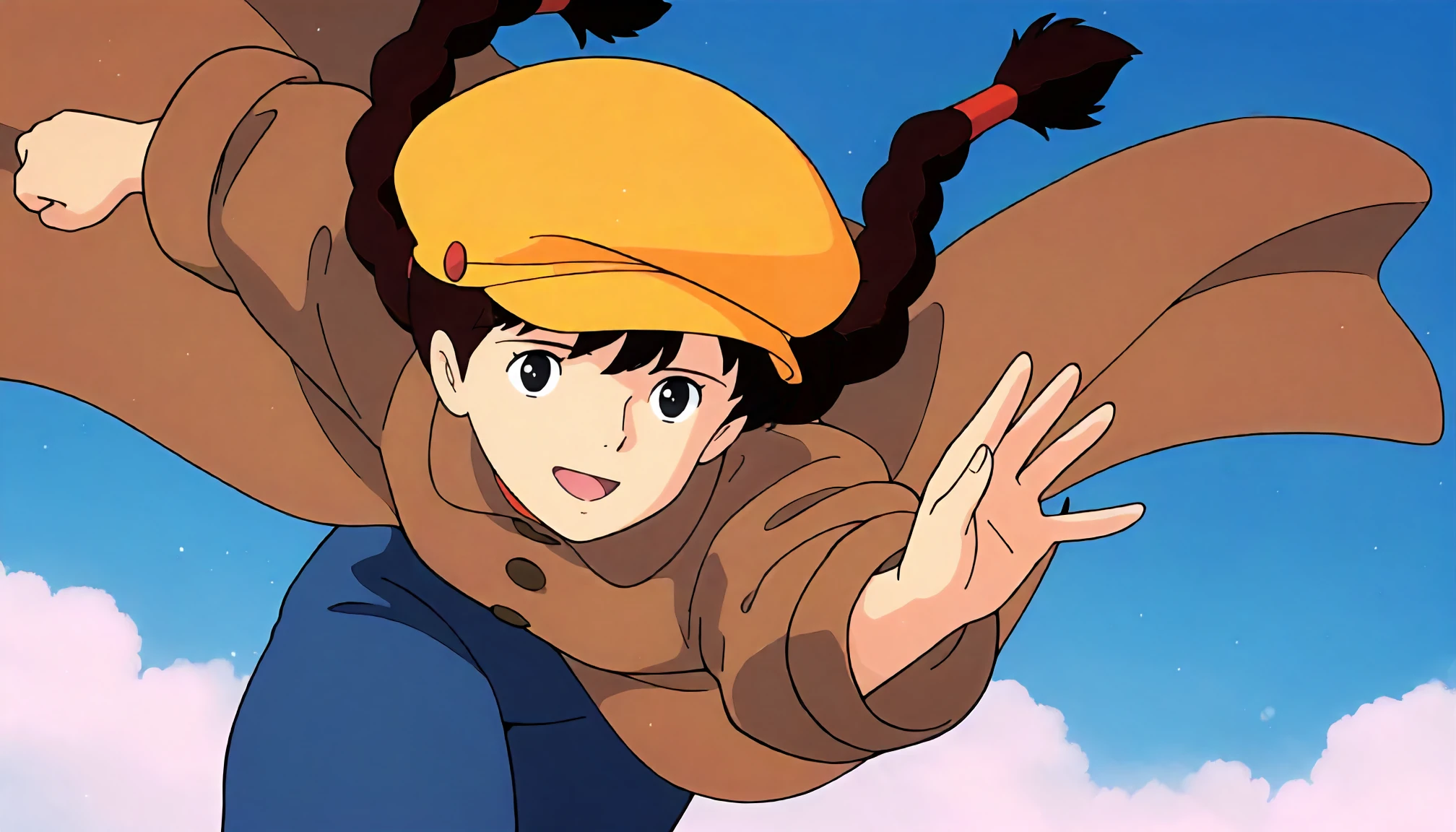 <lora:LCitS_sheetaXLIllustrious004>,
masterpiece,best quality,good quality,newest,
detailed background,blue sky,white cloud,glitter,
smile,open mouth,
looking at viewer,
solo,
ghibli,anime coloring,retro artstyle,1990s \(style\),
sheeta\(tenkuu_no_shiro_laputa\),1girl,black brown hair,twin braids,black eyes,
cabbie hat,yellow headwear,brown coat,buttons,blue pants,
running,