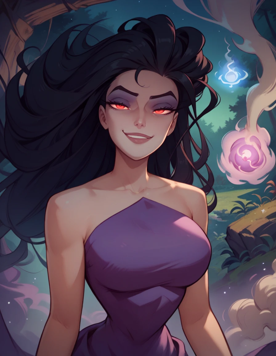 score_9, score_8_up, score_7_up, score_6_up, 
1girl,solo,
large breasts,
ErisDG,
long hair, black hair, red eyes, makeup, 
floating hair,
smoke, magic,
forest,  fantasy, night, glowing, 
half closed eyes, looking at viewer, smug,
 <lora:Eris PXL v02-000003:1>