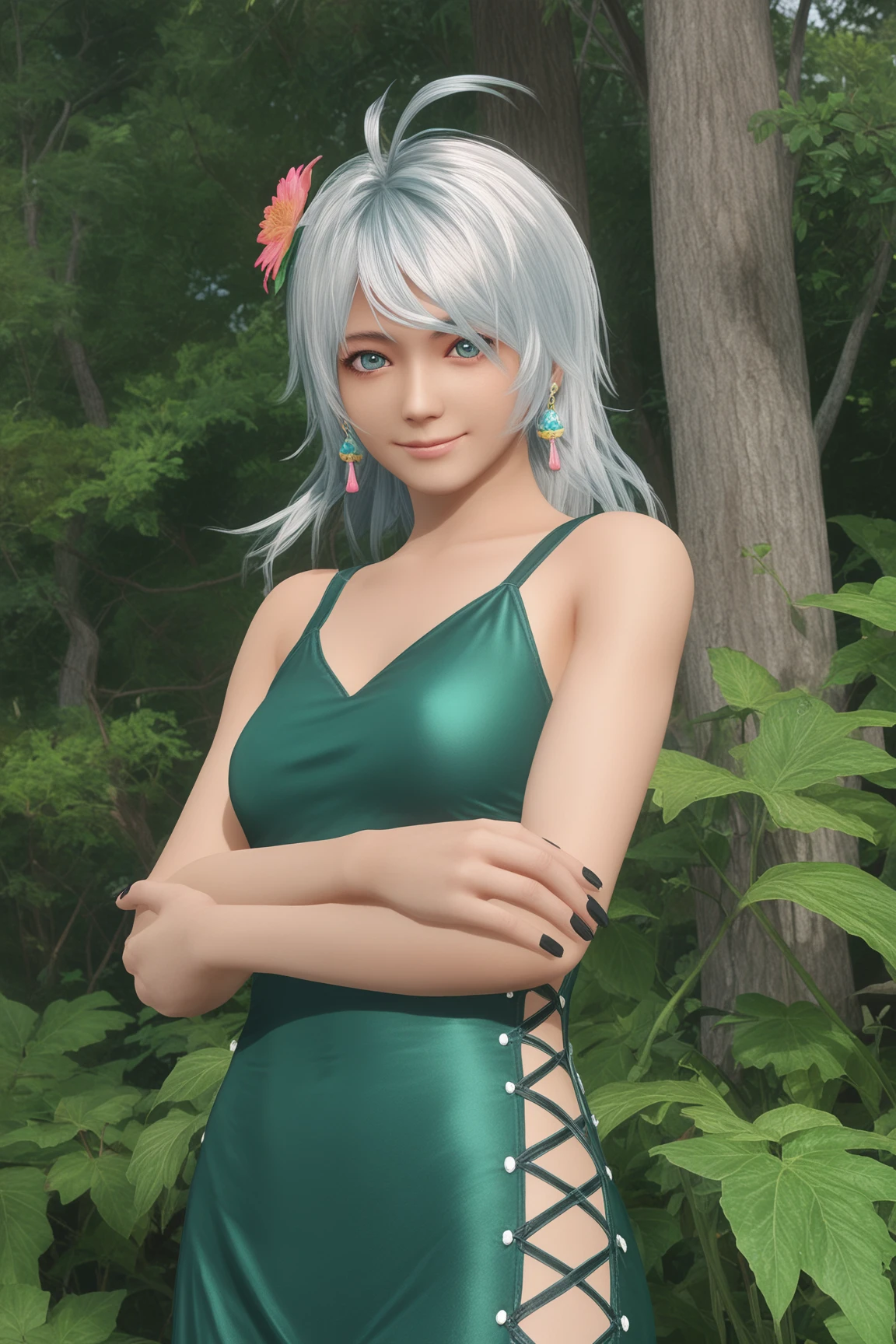 score_9,score_8,score_7_up,
green green hign neck dress, floral backgrtound, looking at viewer, nature,
patty \(doa\), 1girl, solo,medium hair,ahoge,hair over one eye,black nails, fingernails, nail polish,detailed eyes,crossed_arms,light smile,
jewelry, hair ornament, hair flower, leaf hair ornament, dahlia_hair_ornament, earrings,pink_and_blue_teardrop_earrings,
 <lora:doa_patty_pdxl_v10-000004:0.8>