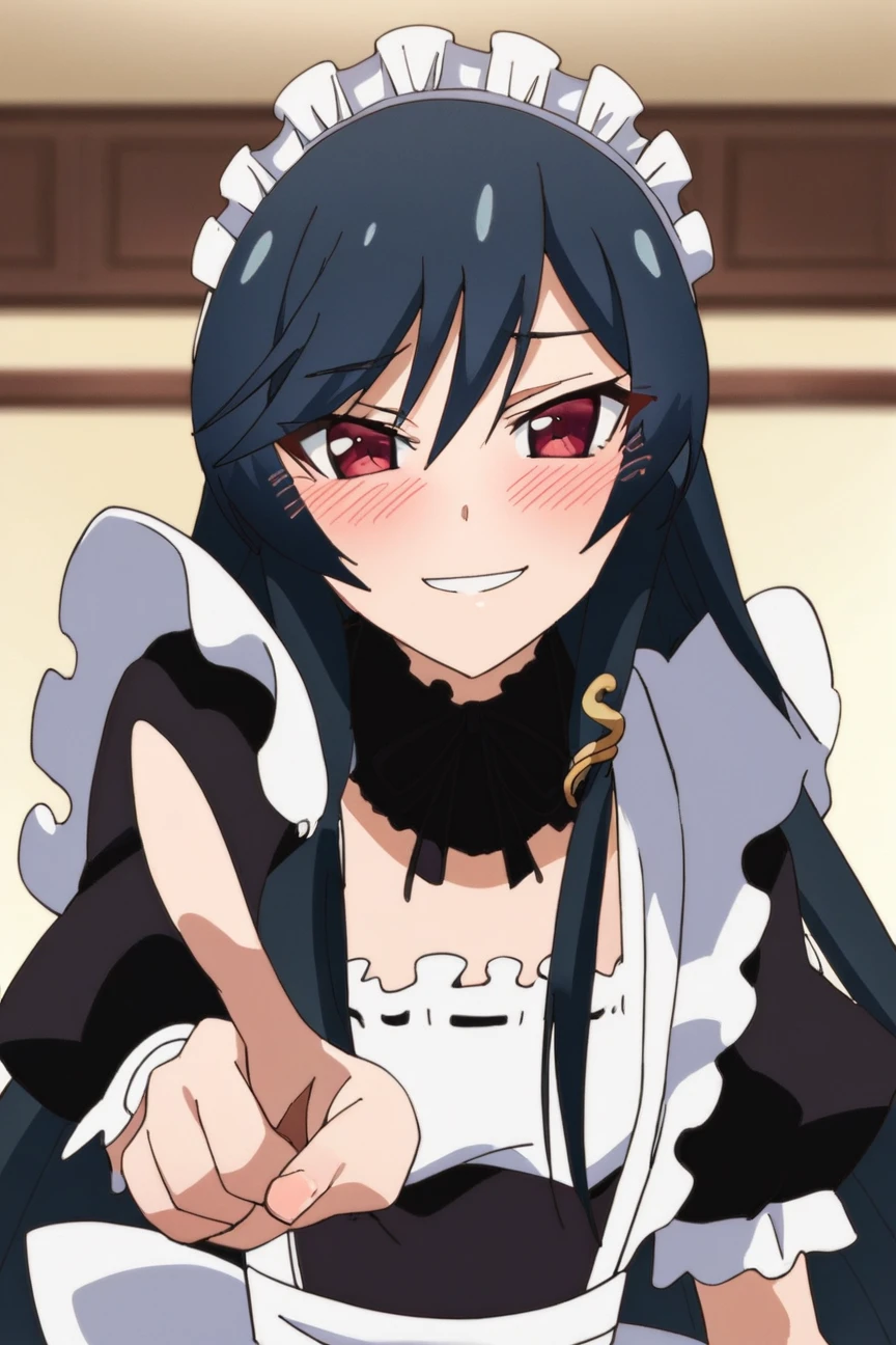 score_9, score_8_up, score_7_up, source_anime, <lora:My_First_Girlfriend_Is_a_Gal_style_PDXL:0.9>, 1girl, black hair, red eyes, solo, blush, long hair, maid headdress, maid, pointing, looking at viewer, smile, yui, best quality, high quality