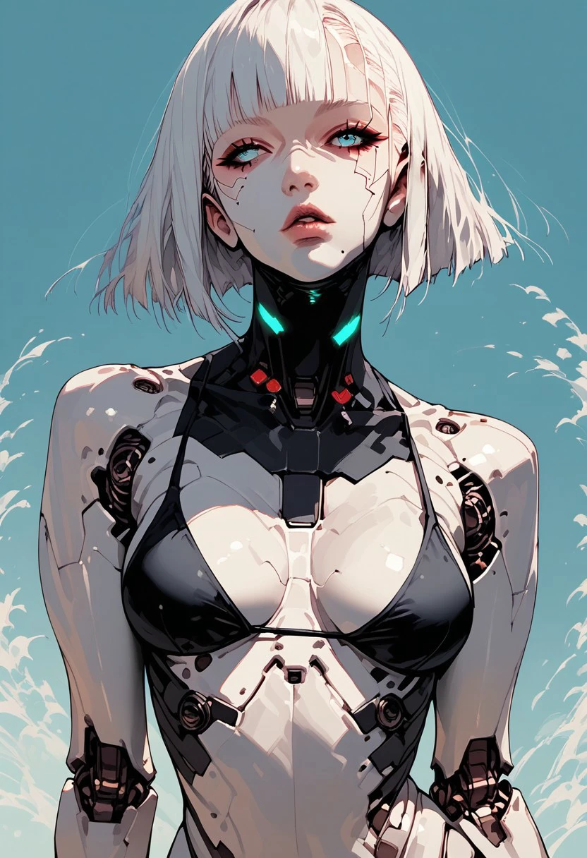 score_9, score_8_up, score_7_up, p1n04rtstyl3,pinoartstyle,pino art style, 1girl, solo, breasts, looking at viewer, short hair, bangs, blue eyes, large breasts, bare shoulders, medium breasts, blue hair, swimsuit, upper body, white hair, bikini, parted lips, mole, lips, makeup, black bikini, blue background, science fiction, android, joints, cyborg, robot joints, cyberpunk, mechanical parts,