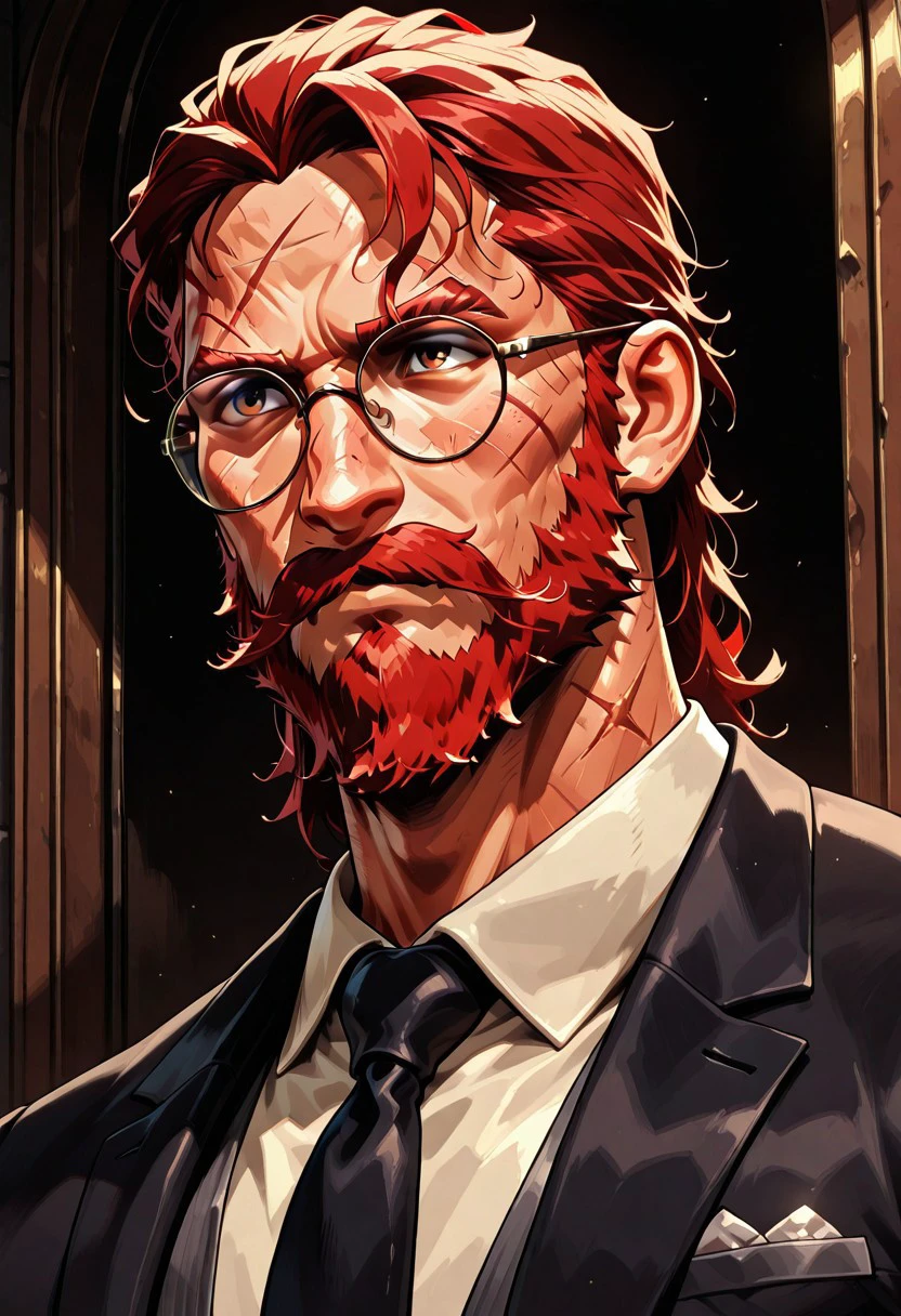 masterpiece, best quality, newest, absurdres, highres, PaintedComicV4.0 1boy, glasses, red hair, suit, round glasses, beard, facial hair, mustache, scar, scars on face