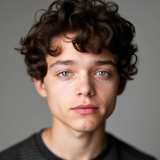 which has a slight gradient effect transitioning from dark brown at the roots to a lighter, wavy curls that frame her face., color photograph of a woman with a neutral background. The image is a close-up portrait, color photograph of a man with a neutral background. The subject is a young man with short, giving a direct, with a light skin tone and a smooth complexion. He has a square jawline and a strong, framed by thick