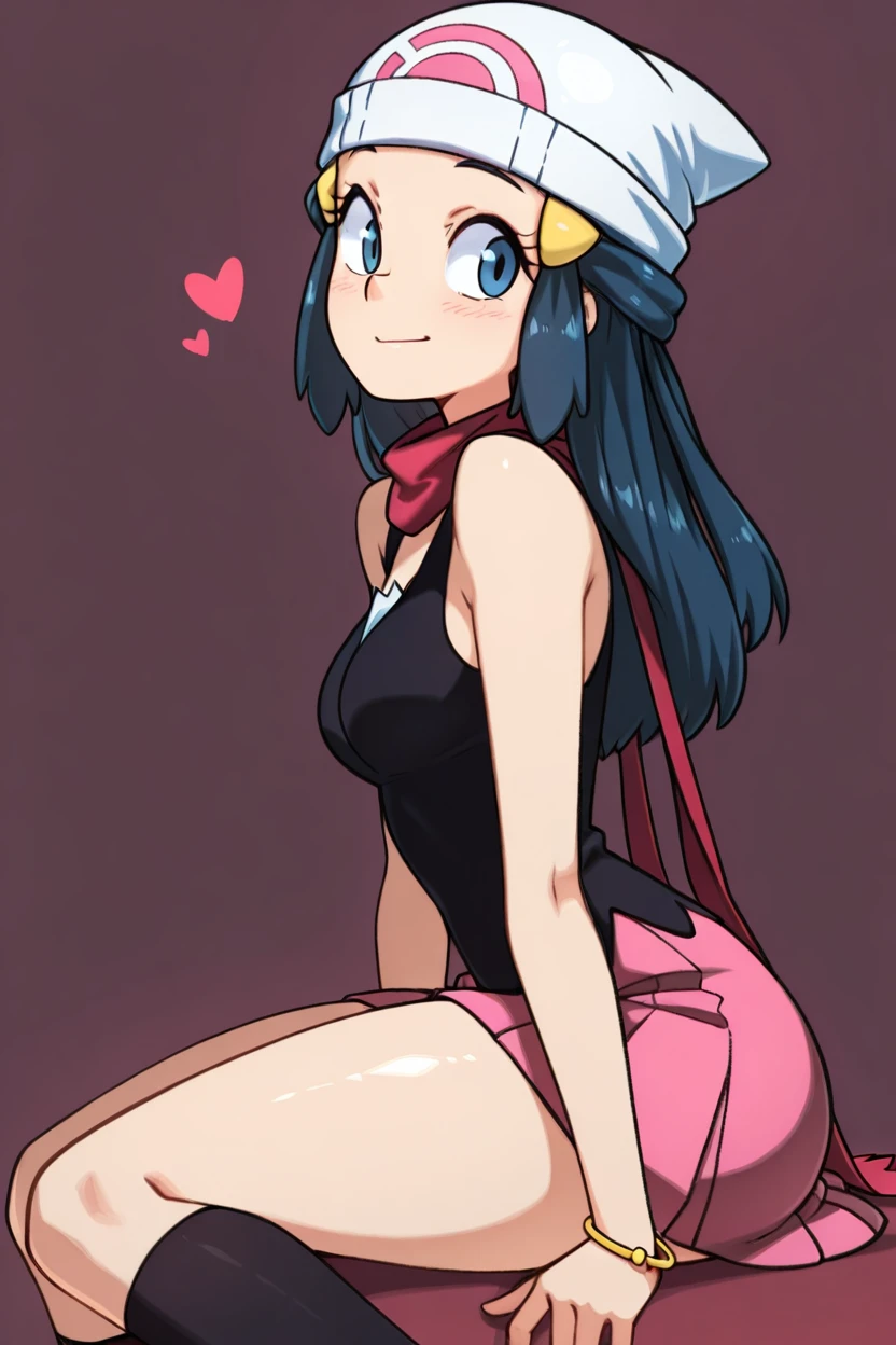 masterpiece, best quality, 1girl, solo, beautiful eyes, zzDawn, blue hair, blue eyes, sidelocks, long hair, bare shoulders, beanie, black shirt, black socks, bracelet, hat, jewelry, kneehighs, miniskirt, pink skirt, red scarf, scarf, shirt, skirt, sleeveless, sleeveless shirt, white headwear,  <lora:DawnPokemonIXL_e07:1.0> <lora:TobiaswhellerIXL:1.0>, upper body, side view, smile, looking at viewer, shiny skin,